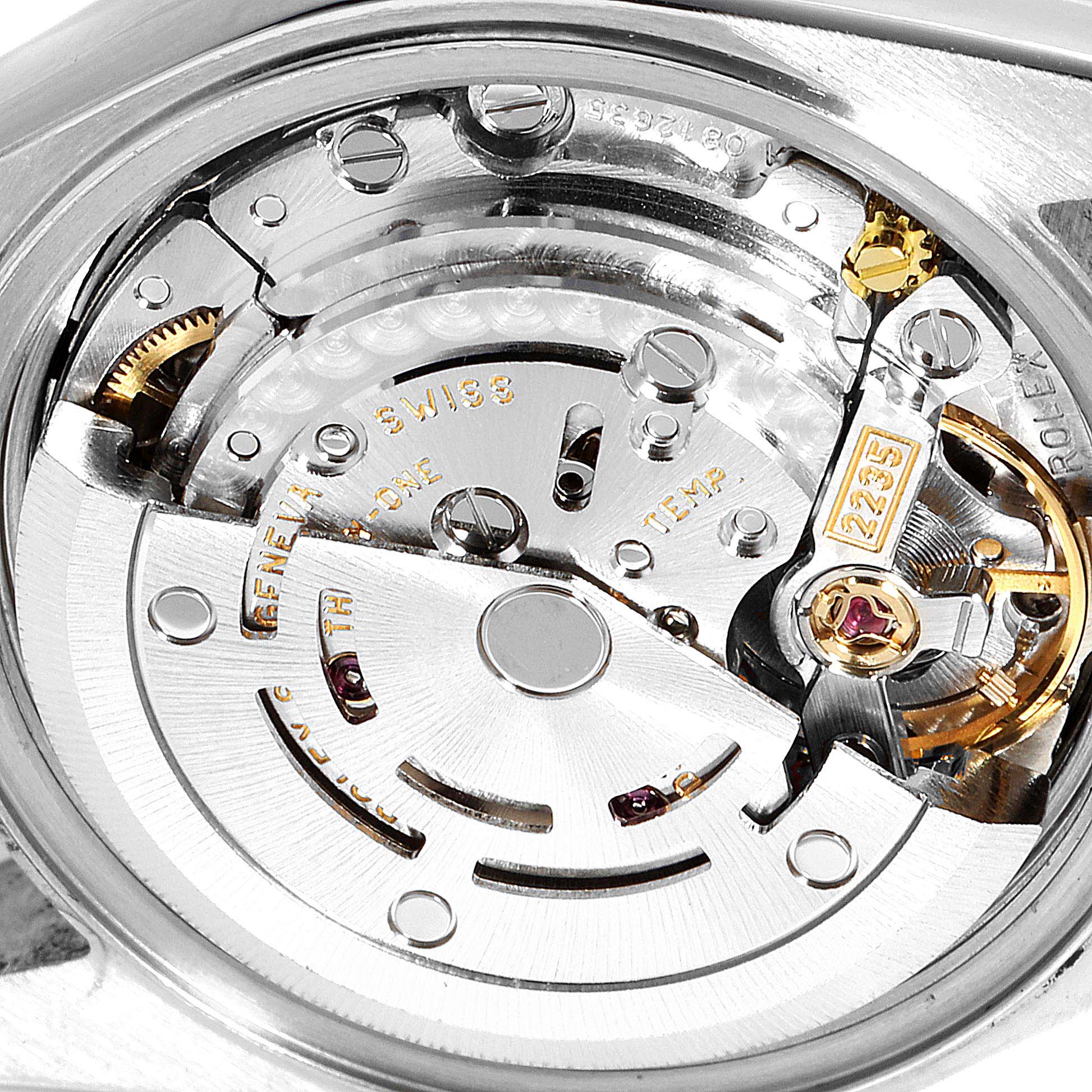 This image shows the internal mechanism and movement parts of the Rolex Datejust 79173 Women's Steel and Gold (two tone) Silver Dial 79173 Women's Steel and Gold (two tone) Silver Dial watch, viewed from the back.