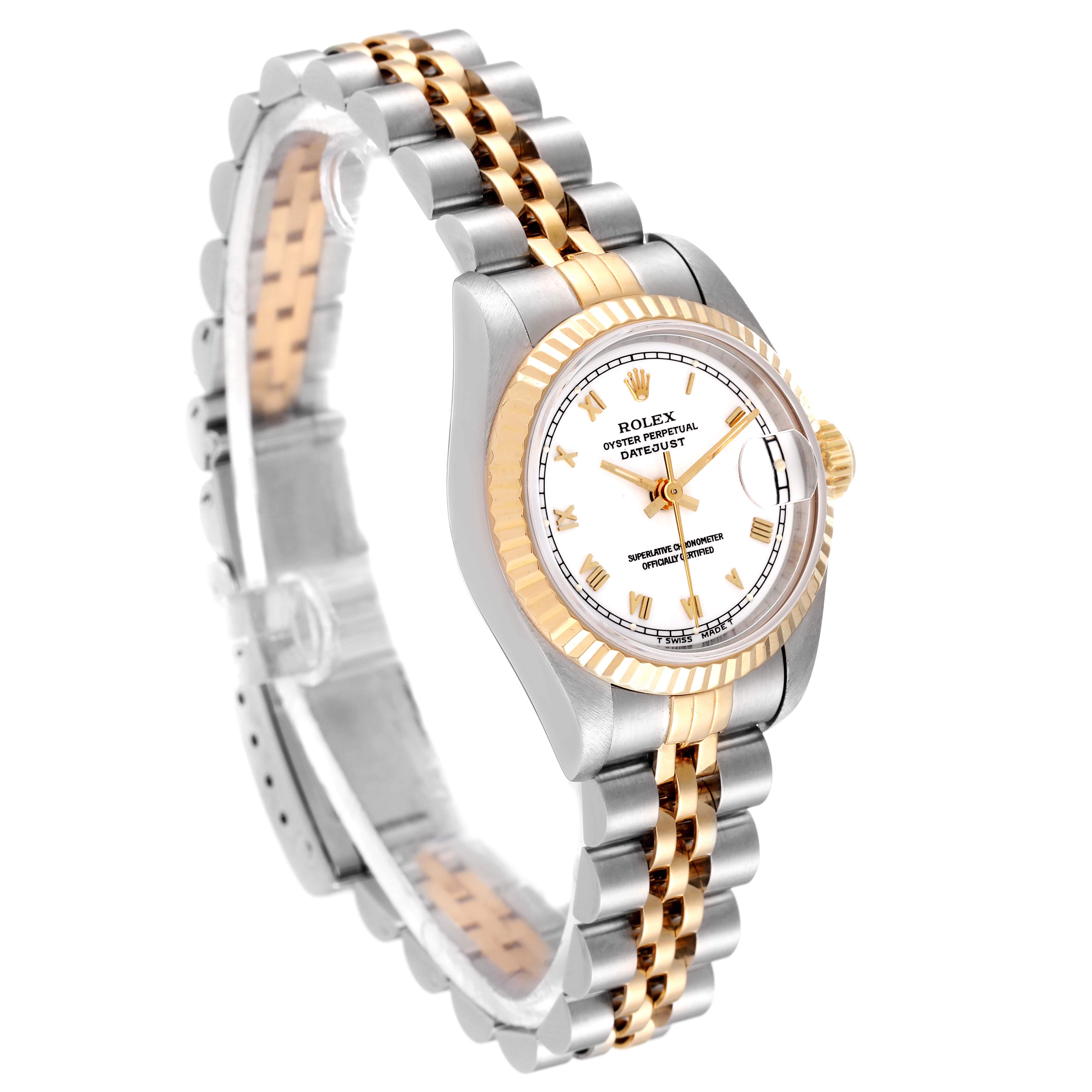 The image shows a Rolex Datejust 69173 Women
s Steel and Gold (two tone) White Dial 69173 Women
s Steel and Gold (two tone) White Dial watch at a three-quarter angle, highlighting its two-tone bracelet, fluted bezel, and white dial.