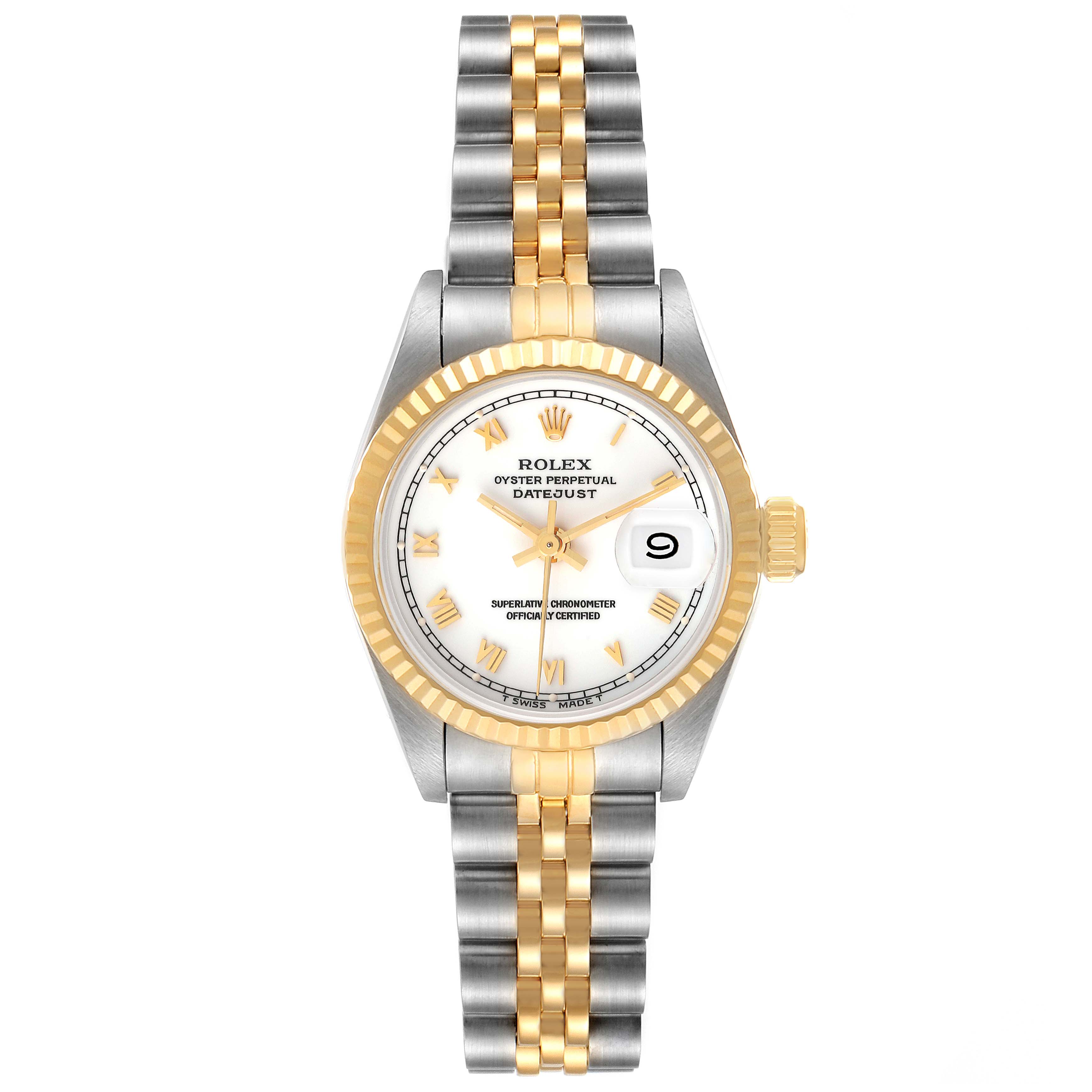 This image shows a front view of a Rolex Datejust 69173 Women
s Steel and Gold (two tone) White Dial 69173 Women
s Steel and Gold (two tone) White Dial watch, highlighting the dial, bezel, and bracelet.