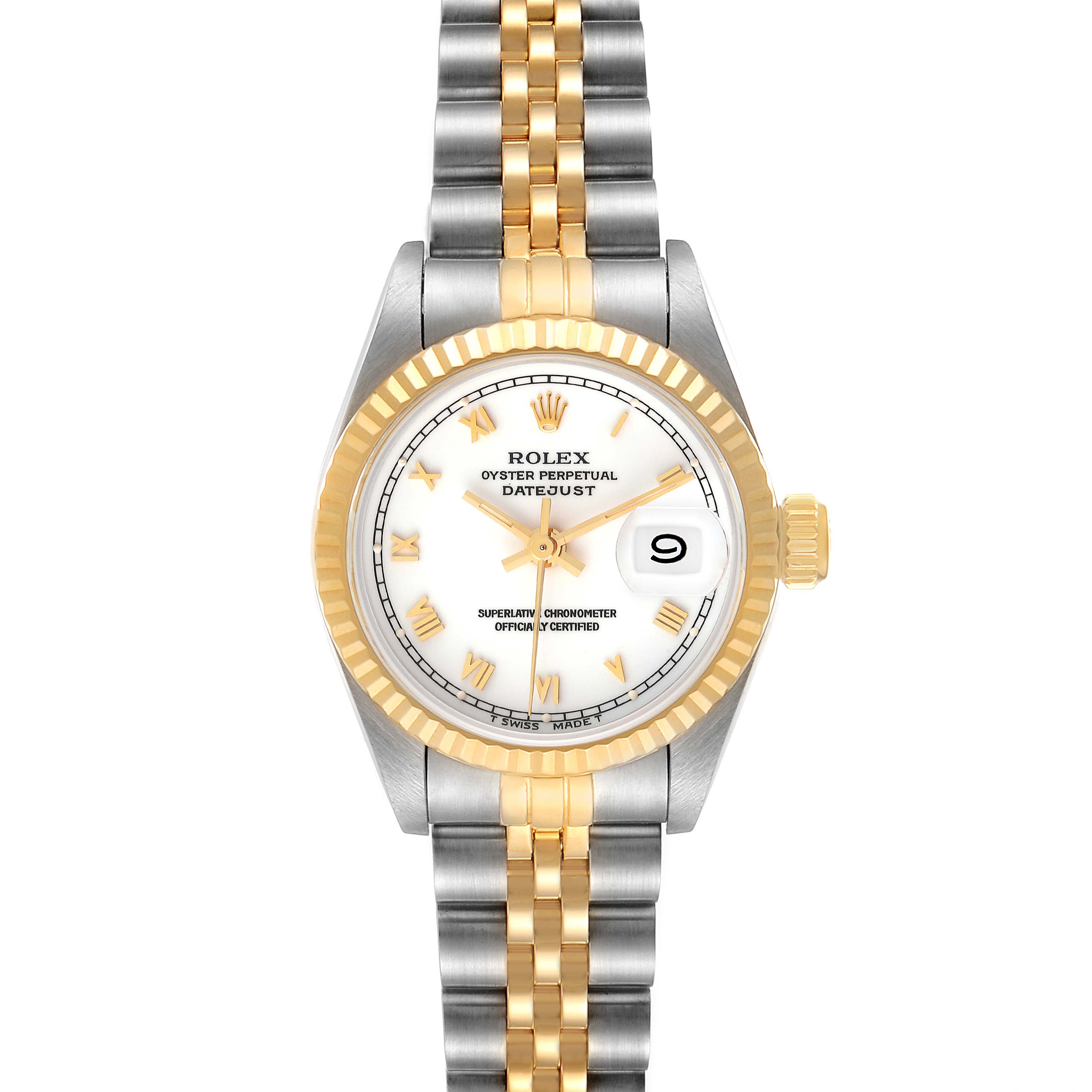 The image shows a front view of a Rolex Datejust 69173 Women
s Steel and Gold (two tone) White Dial 69173 Women
s Steel and Gold (two tone) White Dial watch, showcasing its dial, bezel, hands, and two-tone bracelet.