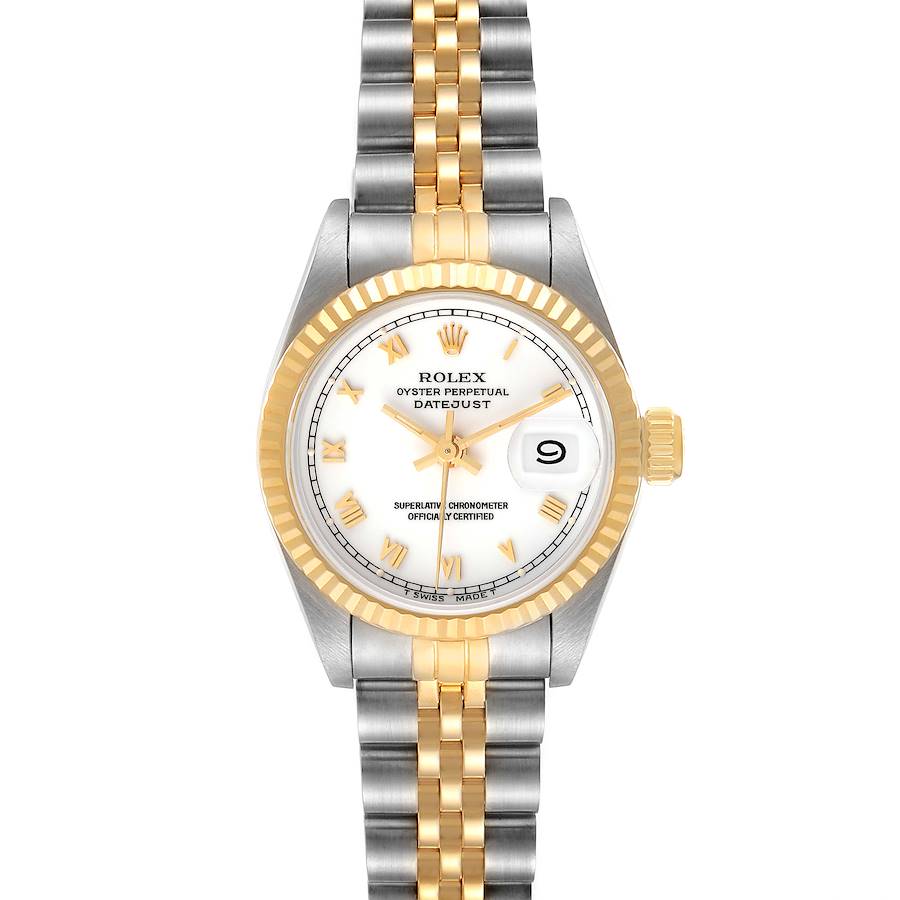 The image shows a front view of a Rolex Datejust watch, showcasing its dial, bezel, hands, and two-tone bracelet.