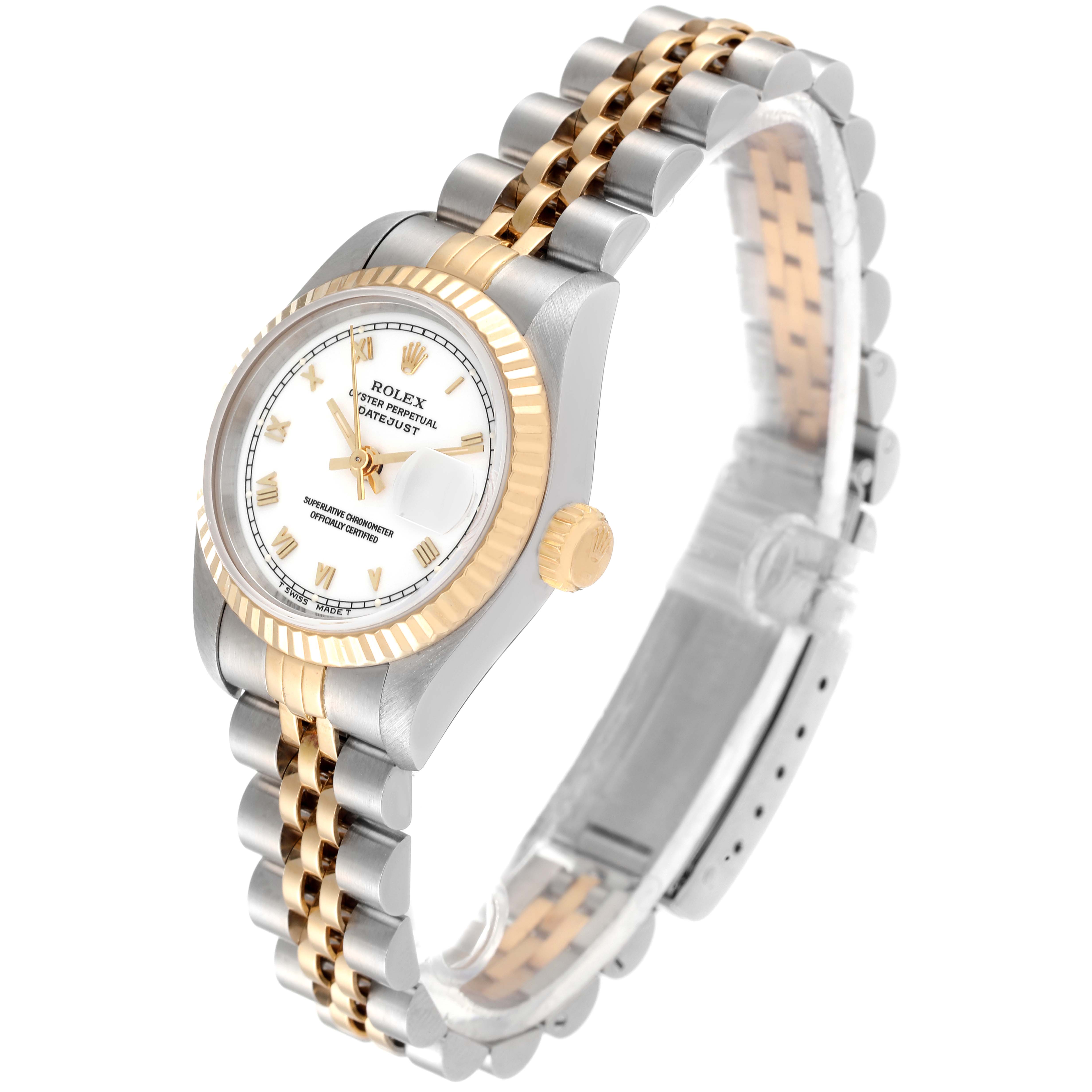 The image shows a Rolex Datejust 69173 Women
s Steel and Gold (two tone) White Dial 69173 Women
s Steel and Gold (two tone) White Dial watch at an oblique angle, highlighting the face, bezel, crown, and Jubilee bracelet.