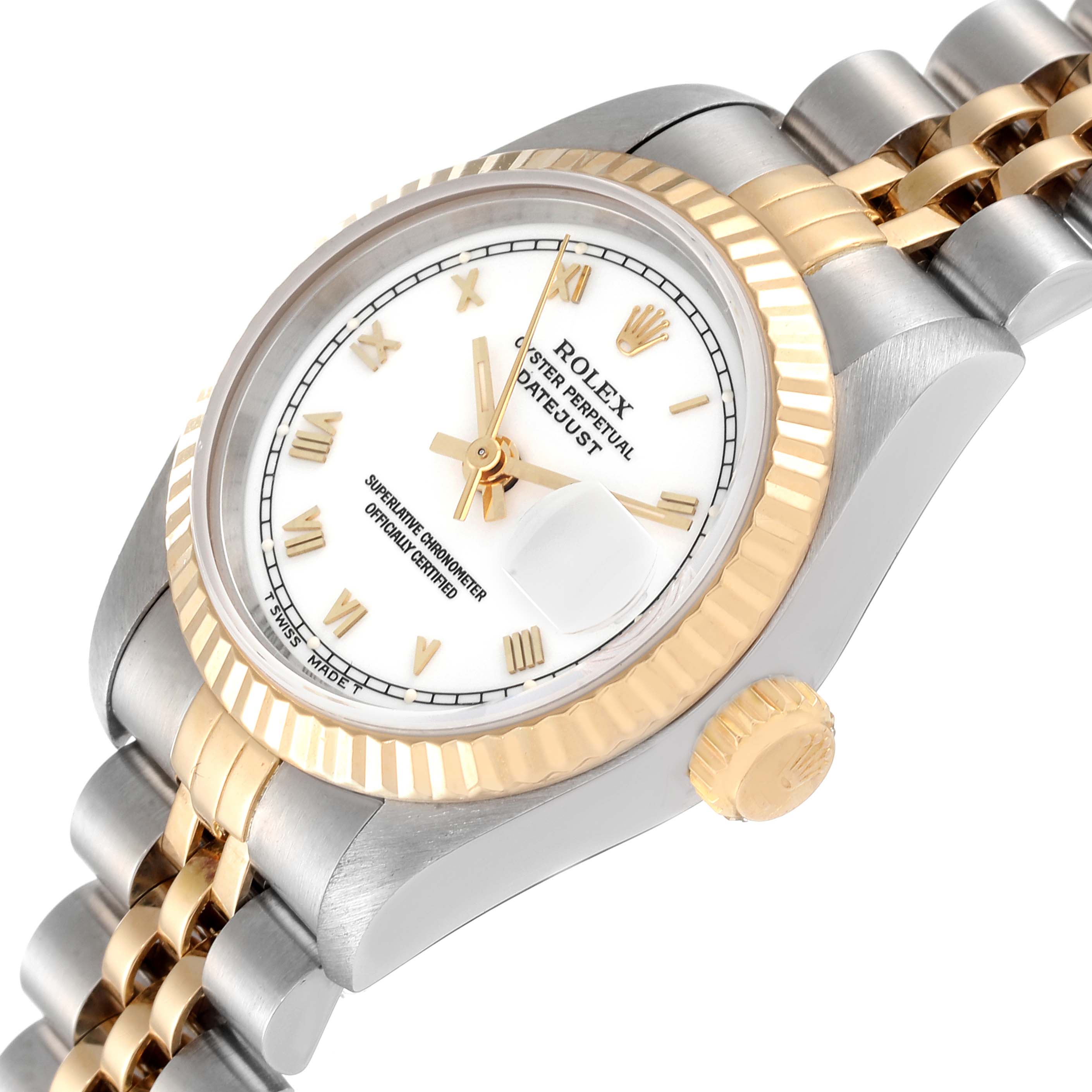 The image shows a Rolex Datejust 69173 Women
s Steel and Gold (two tone) White Dial 69173 Women
s Steel and Gold (two tone) White Dial model watch at a slight angle, highlighting the dial, bezel, crown, and bracelet.