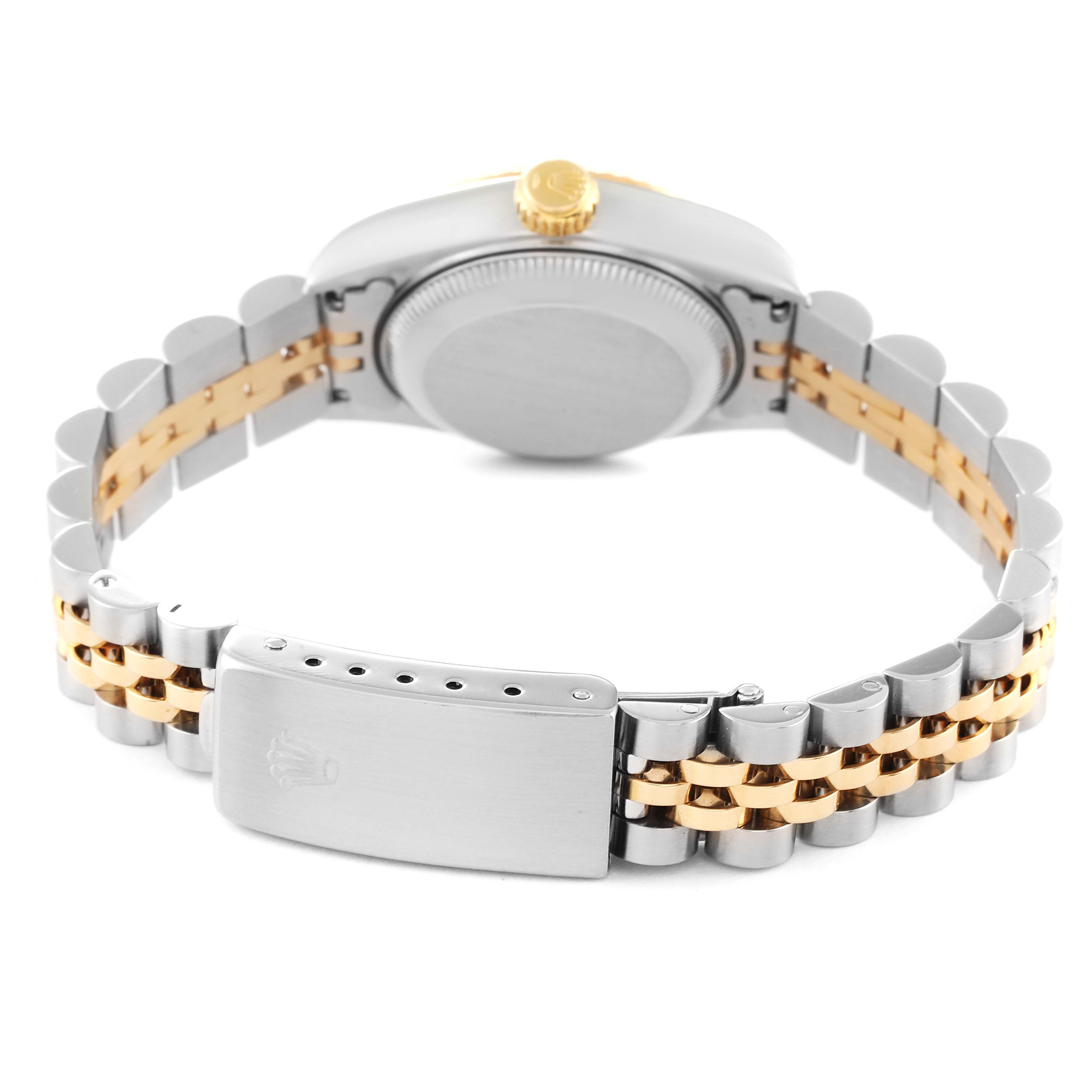 The image shows the back view of a Rolex Datejust 69173 Women
s Steel and Gold (two tone) White Dial 69173 Women
s Steel and Gold (two tone) White Dial watch, focusing on the case back and the two-tone bracelet with the Rolex logo on the clasp.