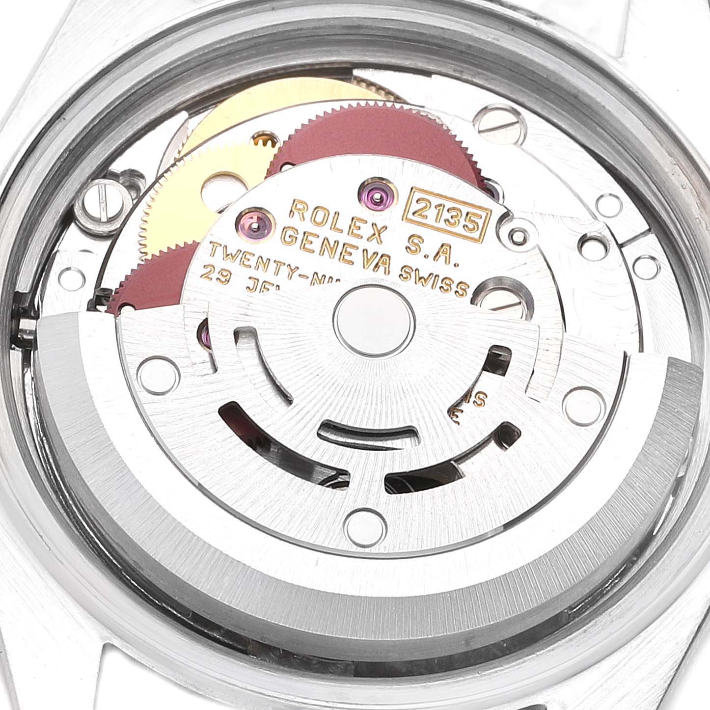 This image shows the movement mechanism of a Rolex Datejust 69173 Women
s Steel and Gold (two tone) White Dial 69173 Women
s Steel and Gold (two tone) White Dial watch viewed from the back.