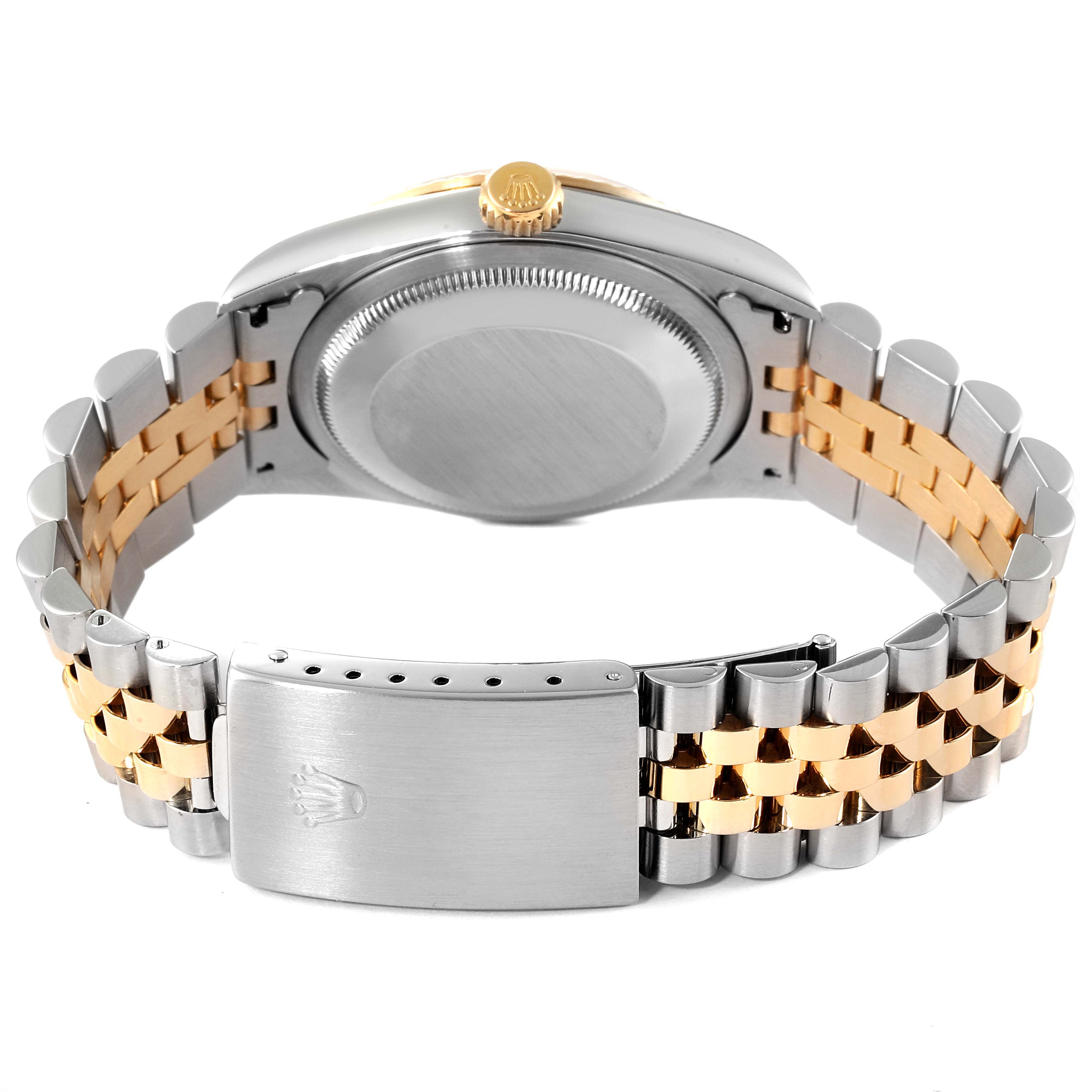 This image shows the back view of the Rolex Datejust 16233 Men
s Steel and Gold (two tone) Grey Dial 16233 Men
s Steel and Gold (two tone) Grey Dial watch, highlighting the case back and jubilee bracelet.