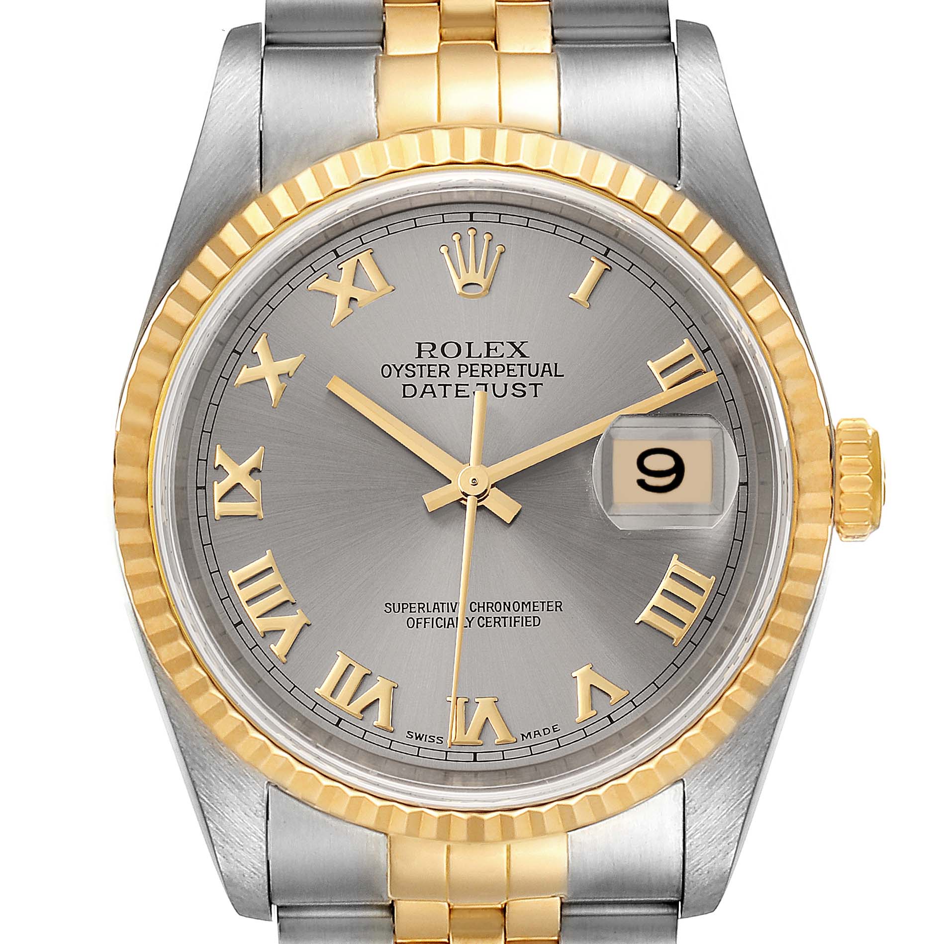 The image shows a front view of a Rolex Datejust 16233 Men
s Steel and Gold (two tone) Grey Dial 16233 Men
s Steel and Gold (two tone) Grey Dial watch, displaying its dial, hands, Roman numerals, date window, and two-tone bracelet.