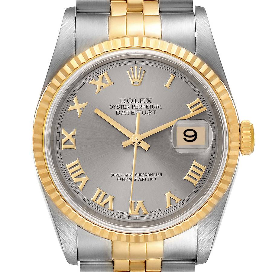 The image shows a front view of a Rolex Datejust watch, displaying its dial, hands, Roman numerals, date window, and two-tone bracelet.