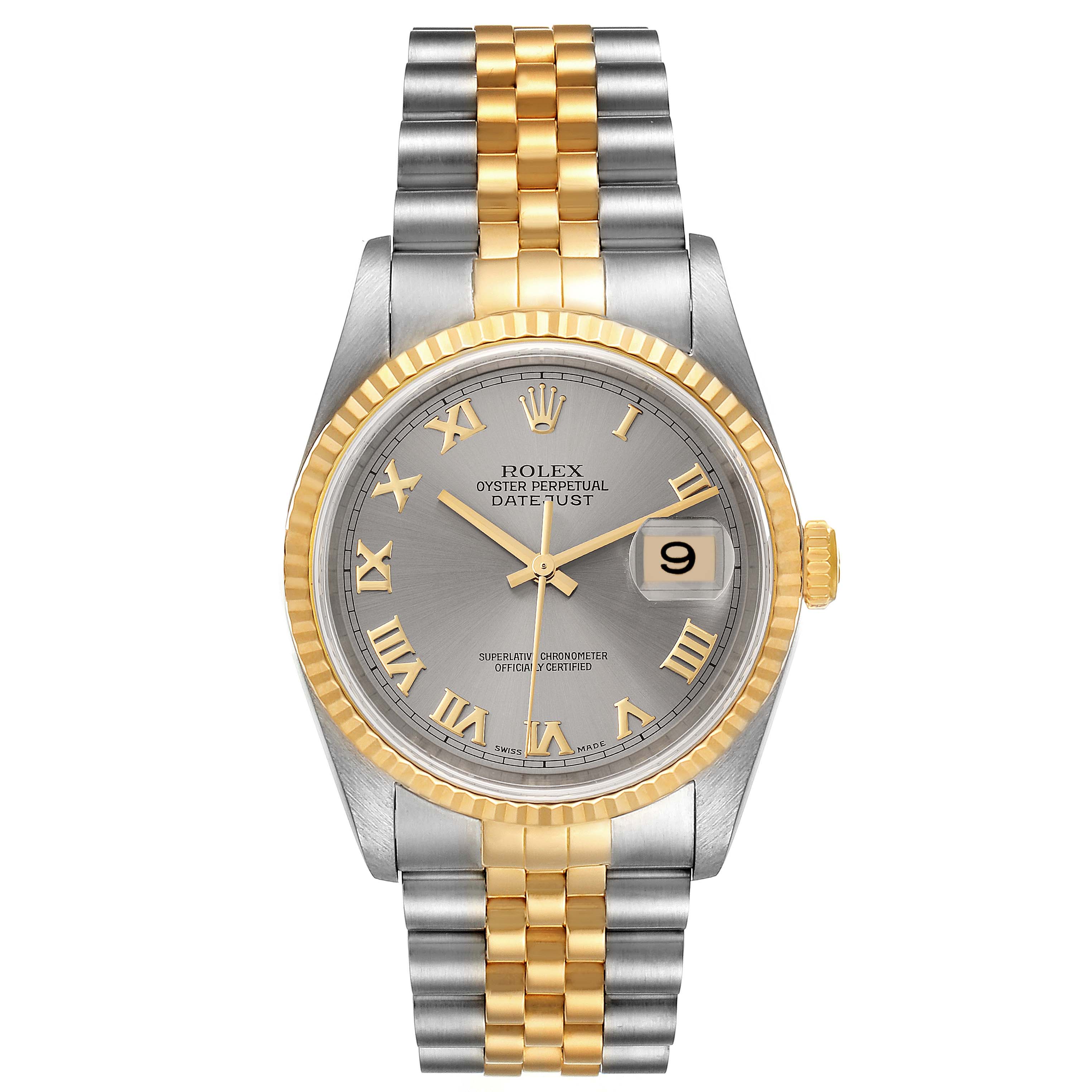 This Rolex Datejust 16233 Men
s Steel and Gold (two tone) Grey Dial 16233 Men
s Steel and Gold (two tone) Grey Dial watch is shown from a top-down angle, featuring the dial, bezel, and Jubilee bracelet.