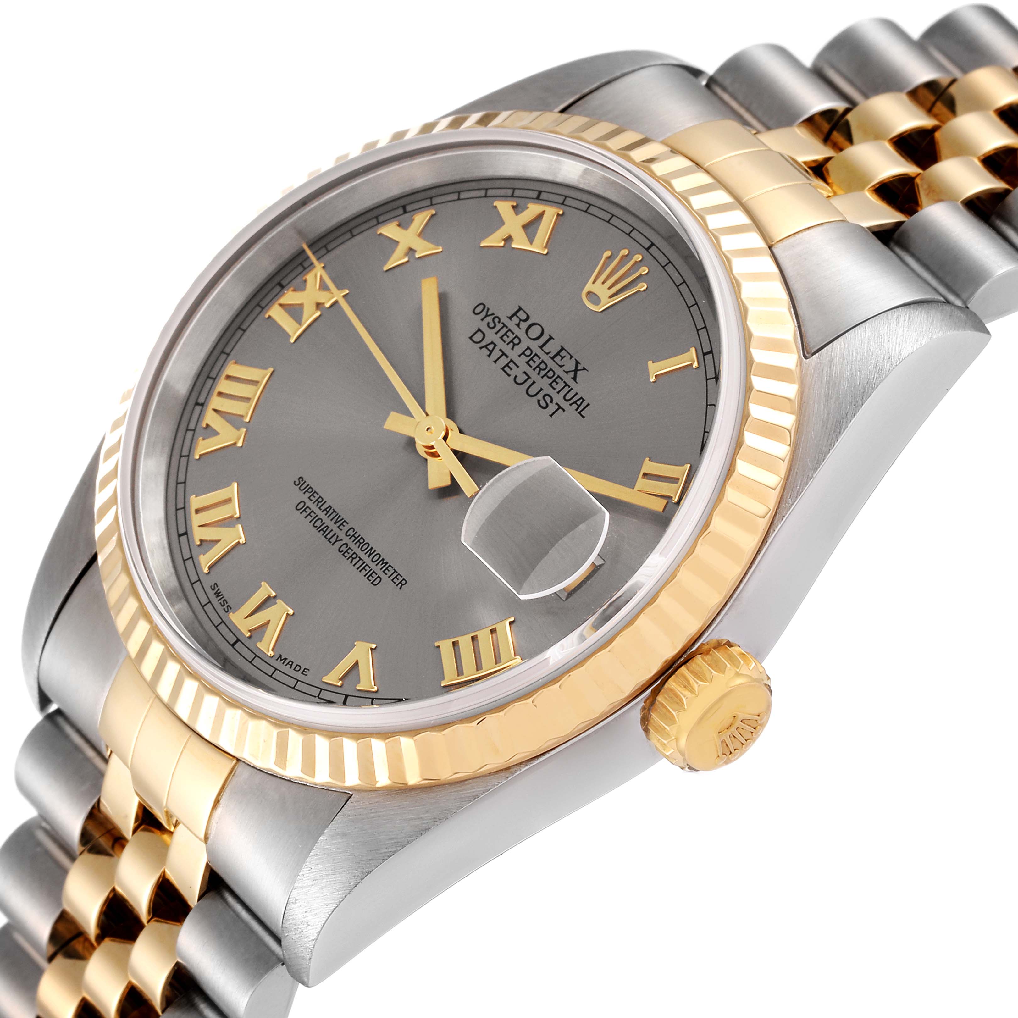 The image shows a Rolex Datejust 16233 Men
s Steel and Gold (two tone) Grey Dial 16233 Men
s Steel and Gold (two tone) Grey Dial watch from an angled side view, highlighting the face, bezel, crown, and part of the bracelet.