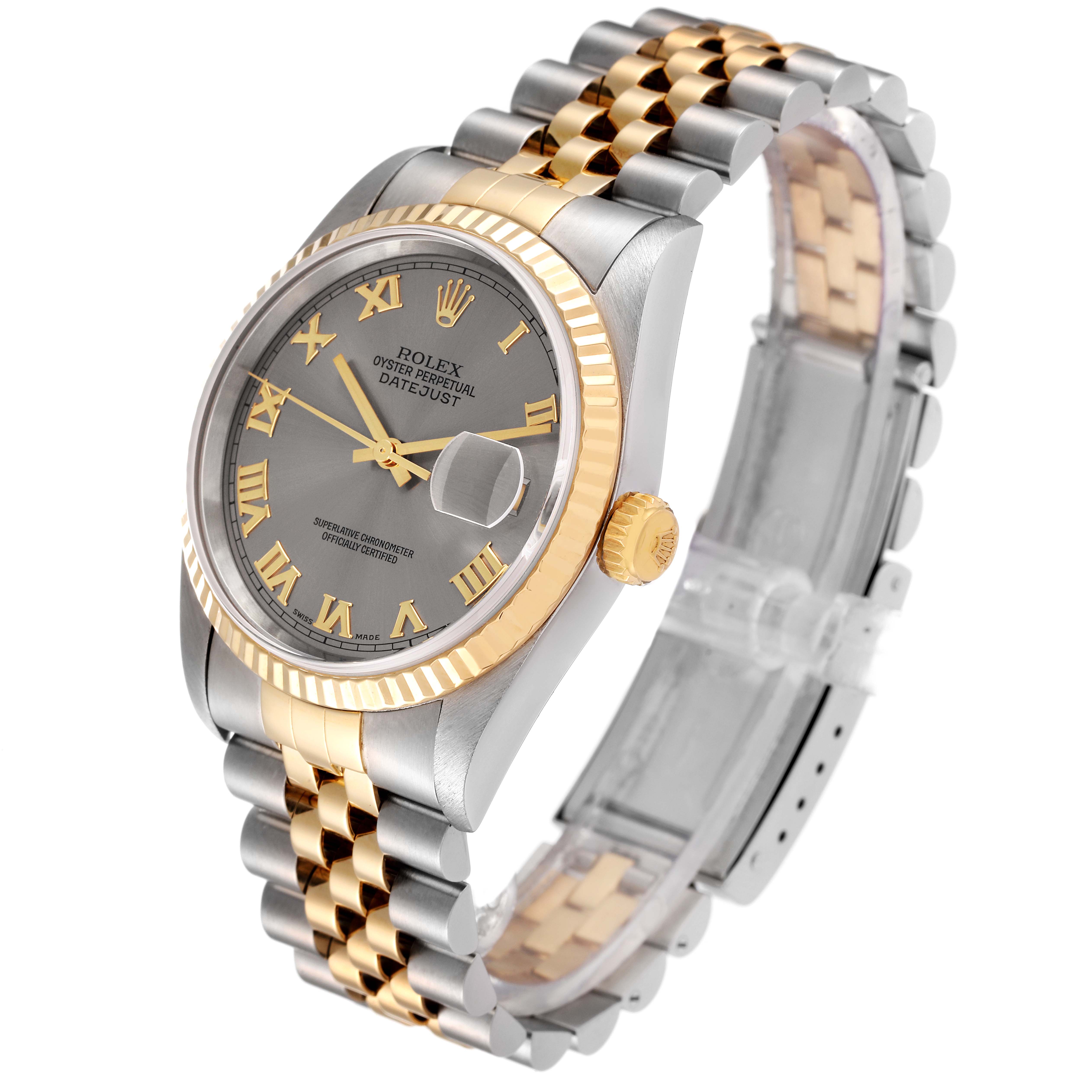 The Rolex Datejust 16233 Men
s Steel and Gold (two tone) Grey Dial 16233 Men
s Steel and Gold (two tone) Grey Dial watch is shown from an angled side view, displaying its dial, case, bezel, and bracelet.