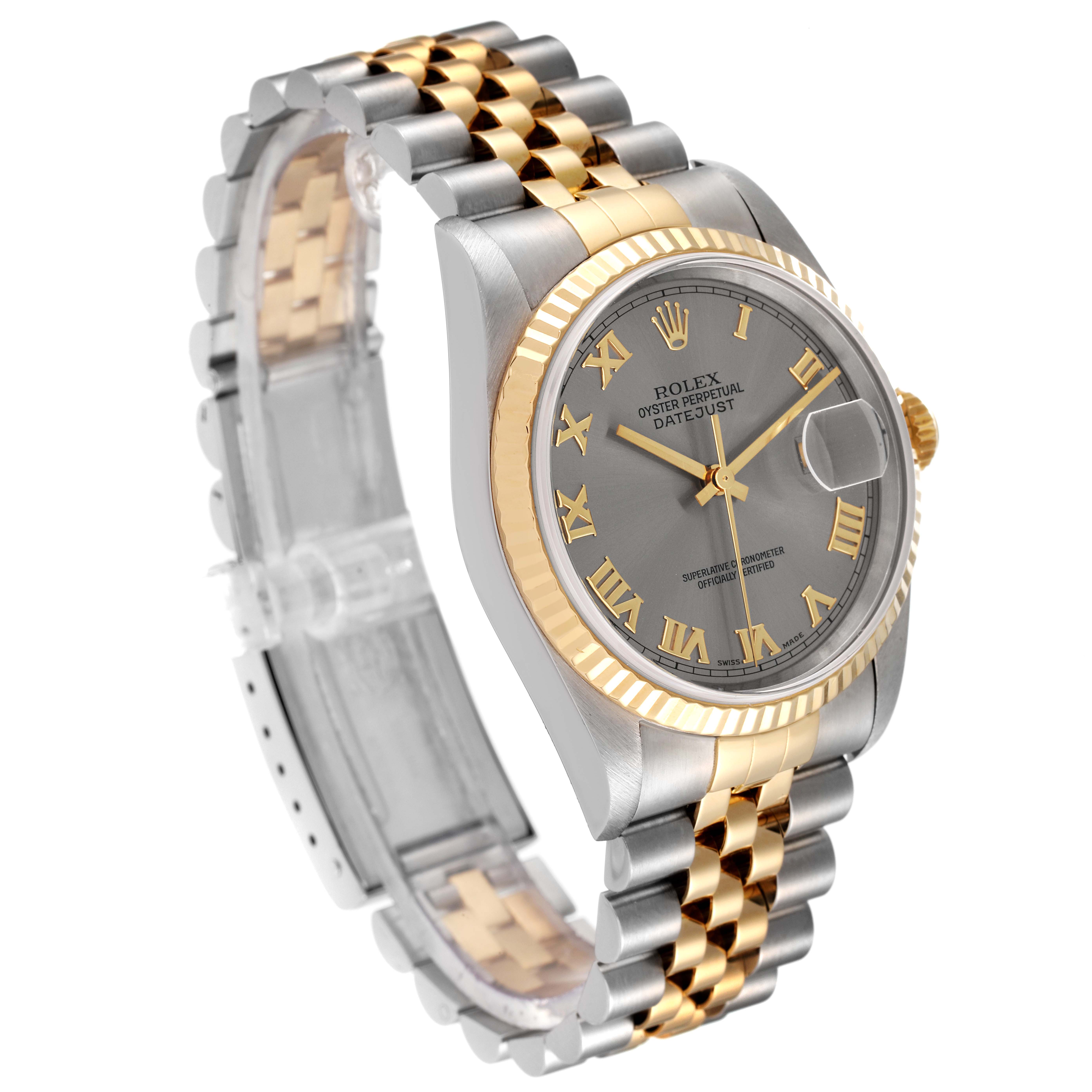 The Rolex Datejust 16233 Men
s Steel and Gold (two tone) Grey Dial 16233 Men
s Steel and Gold (two tone) Grey Dial watch is shown at an angle highlighting its two-tone bracelet, fluted bezel, and grey dial with Roman numerals.