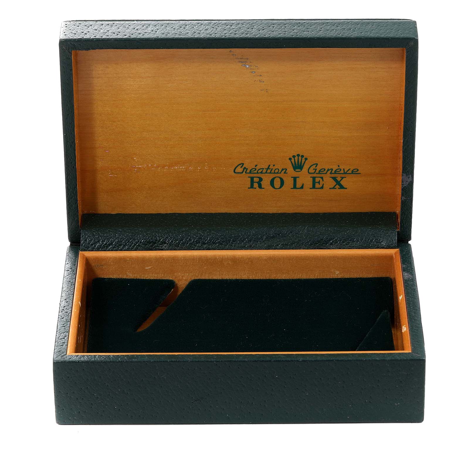 This image shows an open black and wooden Rolex Datejust 16233 Men
s Steel and Gold (two tone) Grey Dial 16233 Men
s Steel and Gold (two tone) Grey Dial watch box from the top angle, displaying the interior compartments.