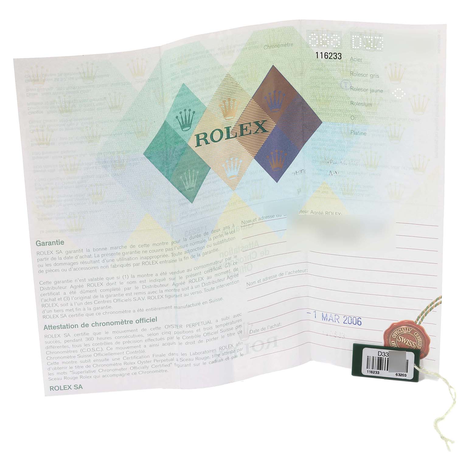 The image shows the warranty certificate and tags for a Rolex Datejust 116233 Men's Steel and Gold (two tone) White Dial 116233 Men's Steel and Gold (two tone) White Dial model.