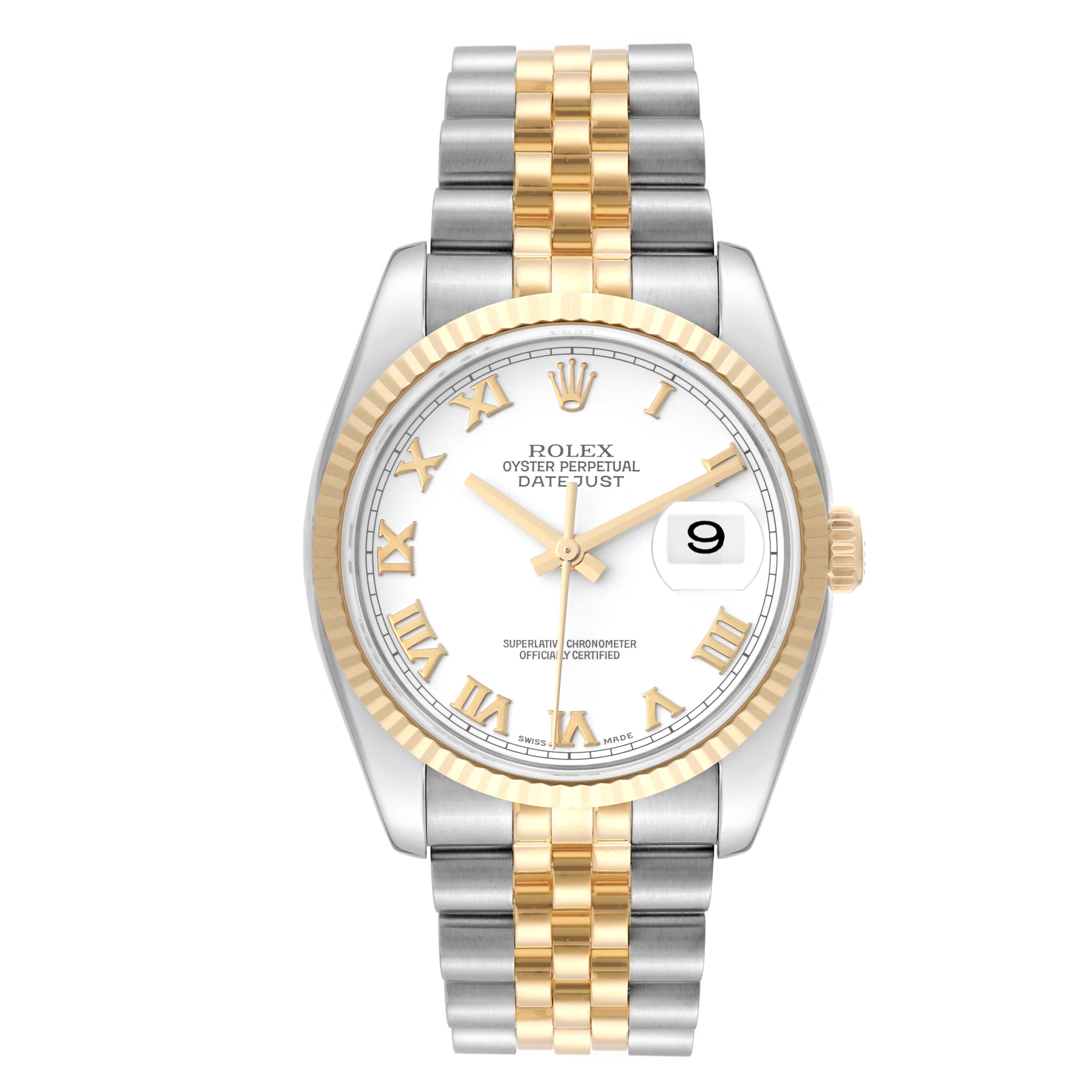 This image shows a front view of the Rolex Datejust 116233 Men's Steel and Gold (two tone) White Dial 116233 Men's Steel and Gold (two tone) White Dial watch, highlighting its dial, bezel, and two-tone bracelet.