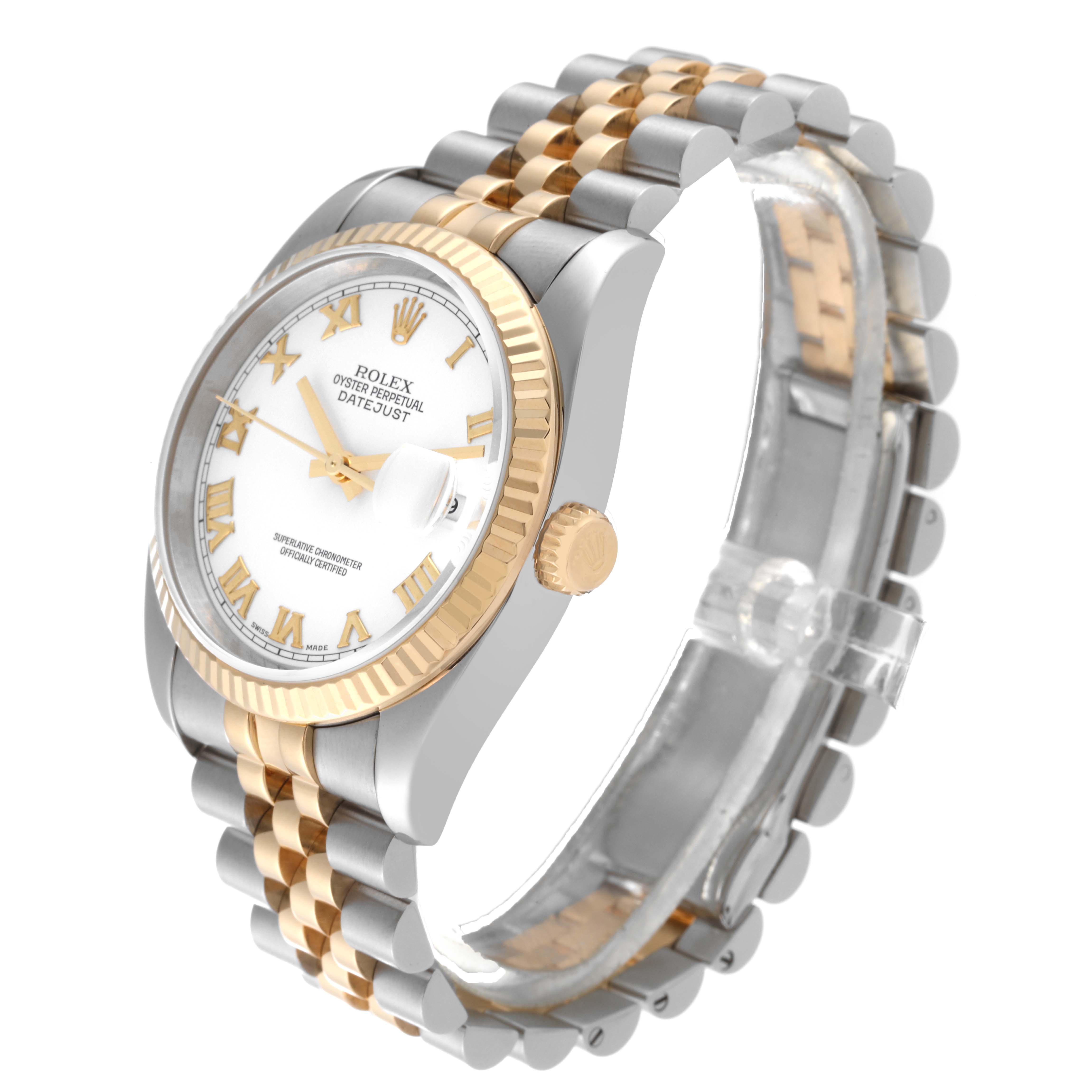 The Rolex Datejust 116233 Men's Steel and Gold (two tone) White Dial 116233 Men's Steel and Gold (two tone) White Dial watch is shown at an oblique angle, highlighting its gold and silver bracelet, bezel, and white dial with Roman numerals.
