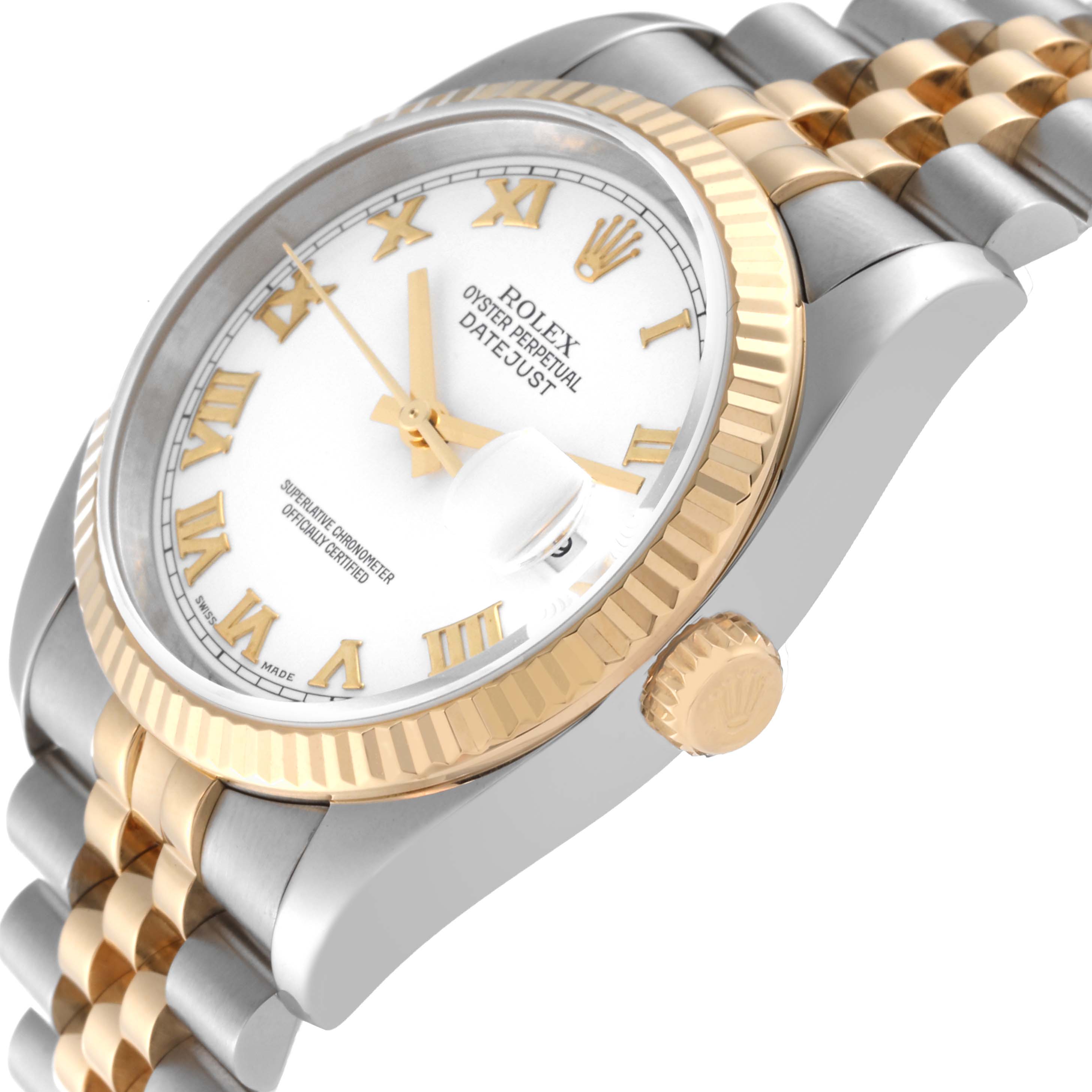 This image shows a close-up angle of the Rolex Datejust 116233 Men's Steel and Gold (two tone) White Dial 116233 Men's Steel and Gold (two tone) White Dial watch, highlighting the crown, bezel, dial, and part of the bracelet.