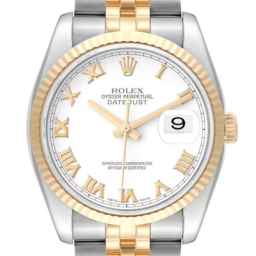 The image shows a front view of the Rolex Datejust model, including the watch face, bezel, and part of the bracelet.