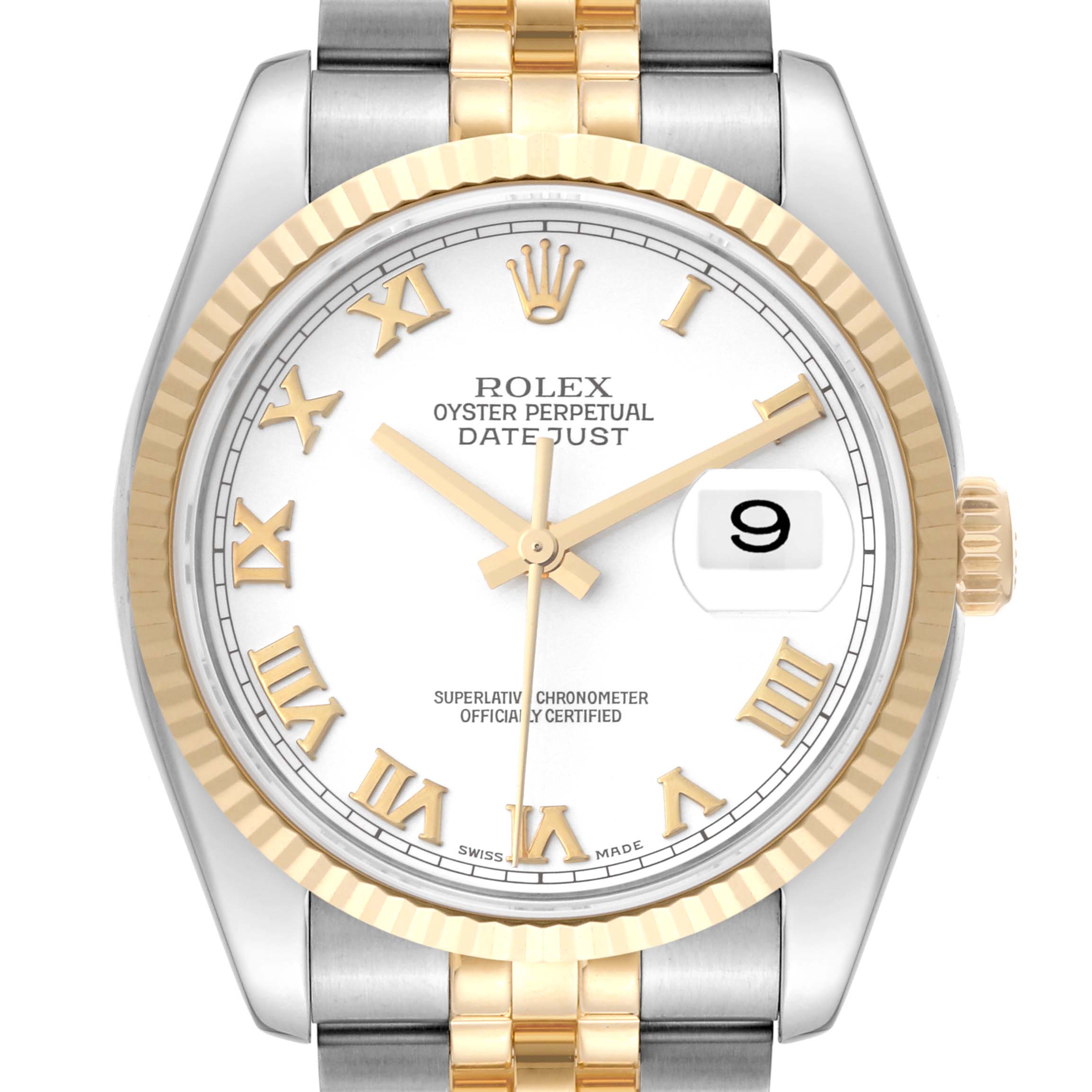 This image shows the face of a Rolex Datejust 116233 Men's Steel and Gold (two tone) White Dial 116233 Men's Steel and Gold (two tone) White Dial watch with a two-tone bracelet and a date window at 3 o'clock.