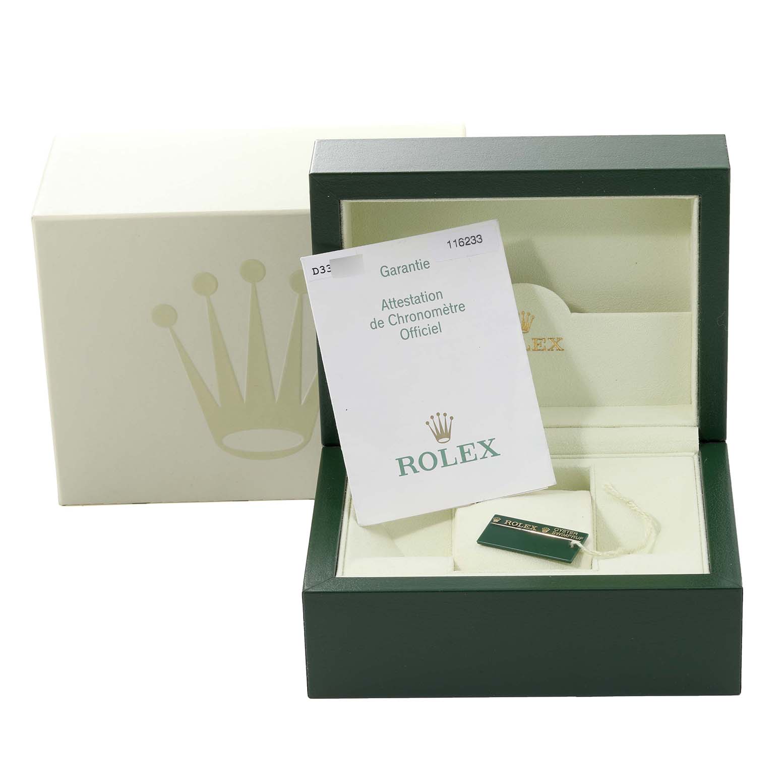 The image shows an open Rolex Datejust 116233 Men's Steel and Gold (two tone) White Dial 116233 Men's Steel and Gold (two tone) White Dial watch box with a certificate and a tag, viewed from the front.