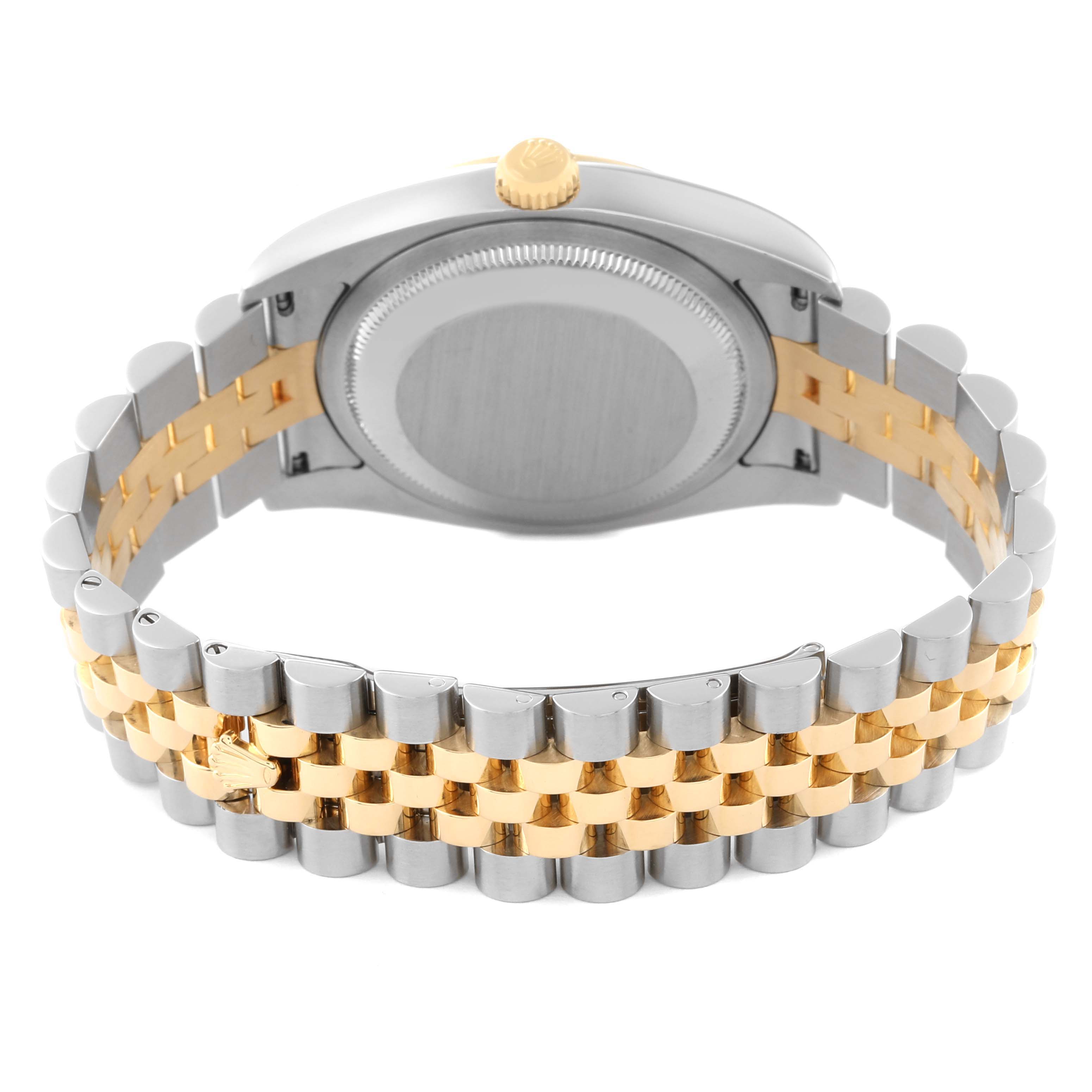 The image shows the backside of a Rolex Datejust 116233 Men's Steel and Gold (two tone) White Dial 116233 Men's Steel and Gold (two tone) White Dial watch, focusing on its case back, crown, and two-tone bracelet.