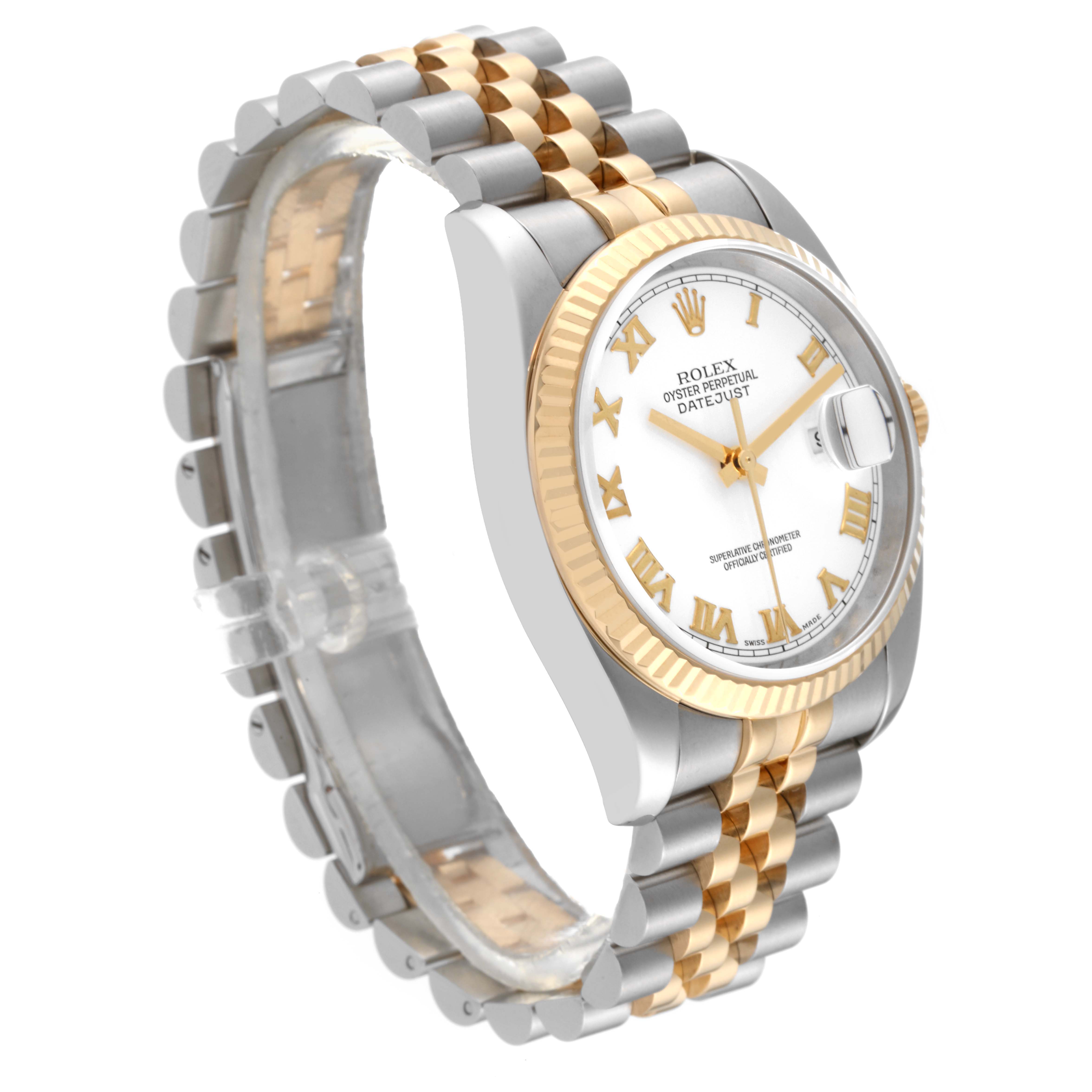 The image shows a side angle of the Rolex Datejust 116233 Men's Steel and Gold (two tone) White Dial 116233 Men's Steel and Gold (two tone) White Dial watch, highlighting the watch face, bezel, and steel-and-gold bracelet.