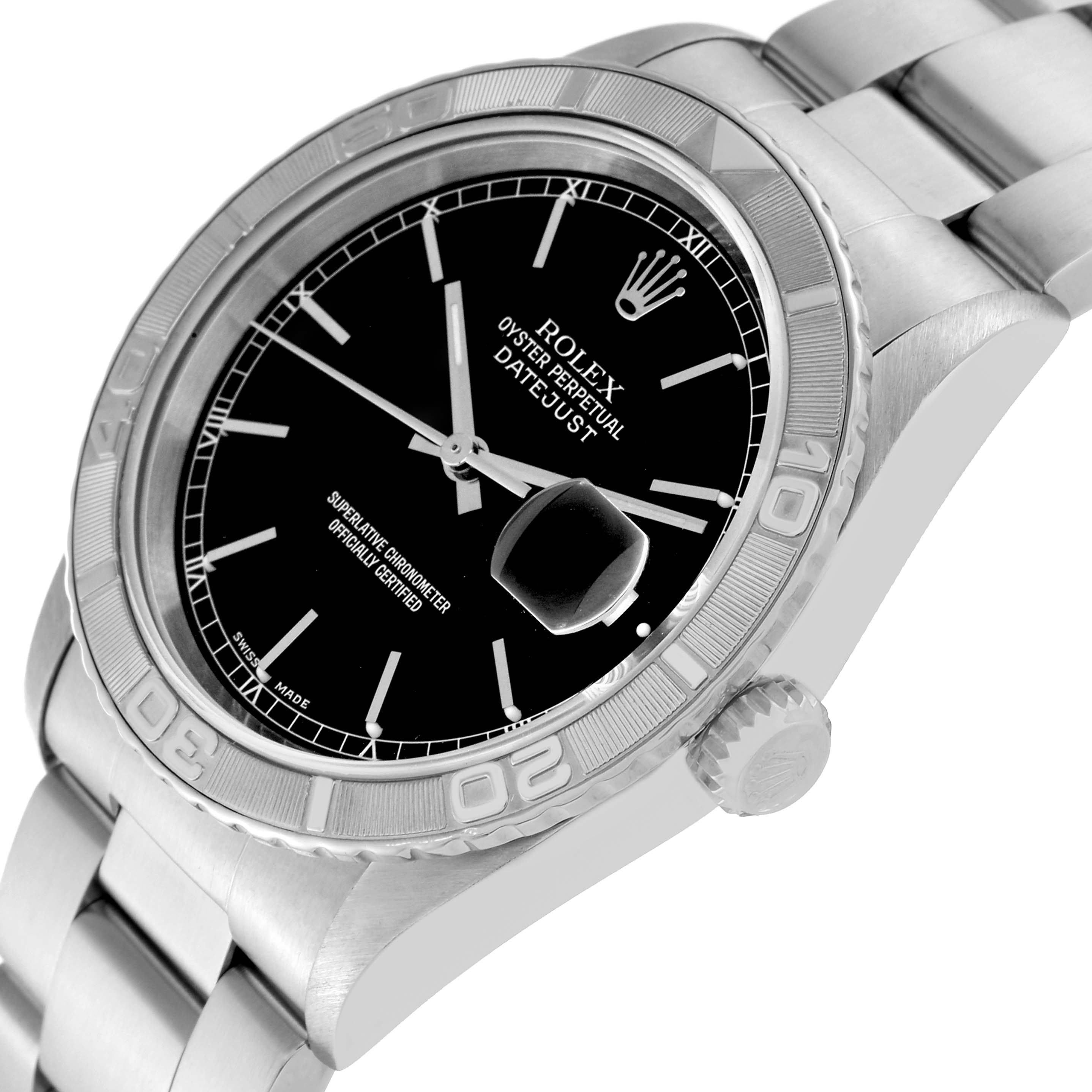 The image shows a Rolex Turn-o-Graph 16264 Men's Stainless Steel Black Dial 16264 Men's Stainless Steel Black Dial watch at an angle, highlighting the dial, bezel, crown, and part of the bracelet.