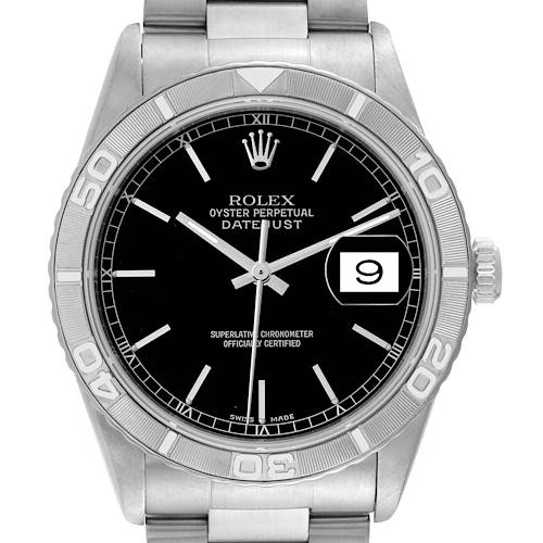 The image shows a frontal view of the Rolex Turn-O-Graph watch, highlighting its dial, hands, date window, and rotating bezel.