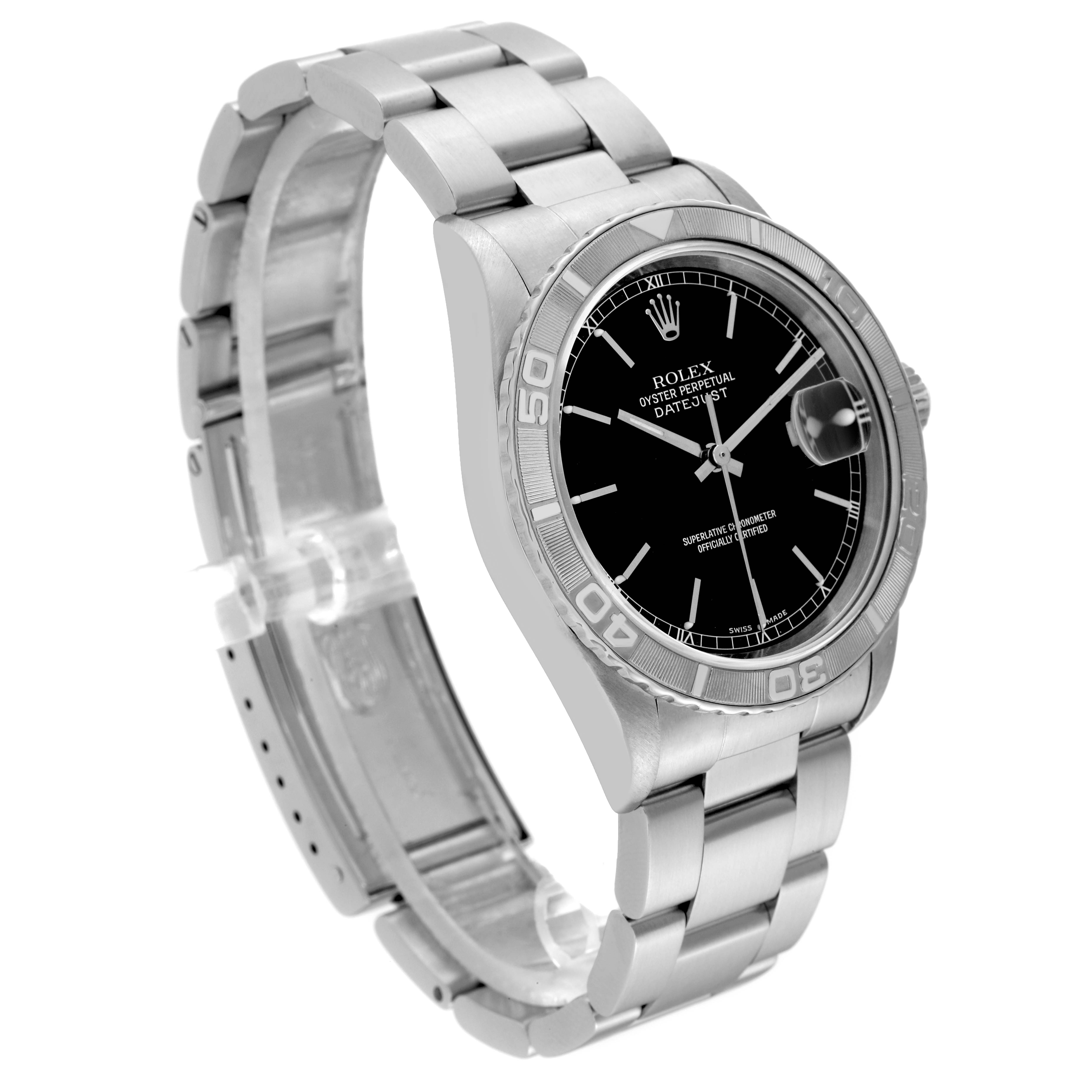 This image shows the Rolex Turn-o-Graph 16264 Men's Stainless Steel Black Dial 16264 Men's Stainless Steel Black Dial watch at a three-quarter angle, highlighting its black dial, bezel, and bracelet.