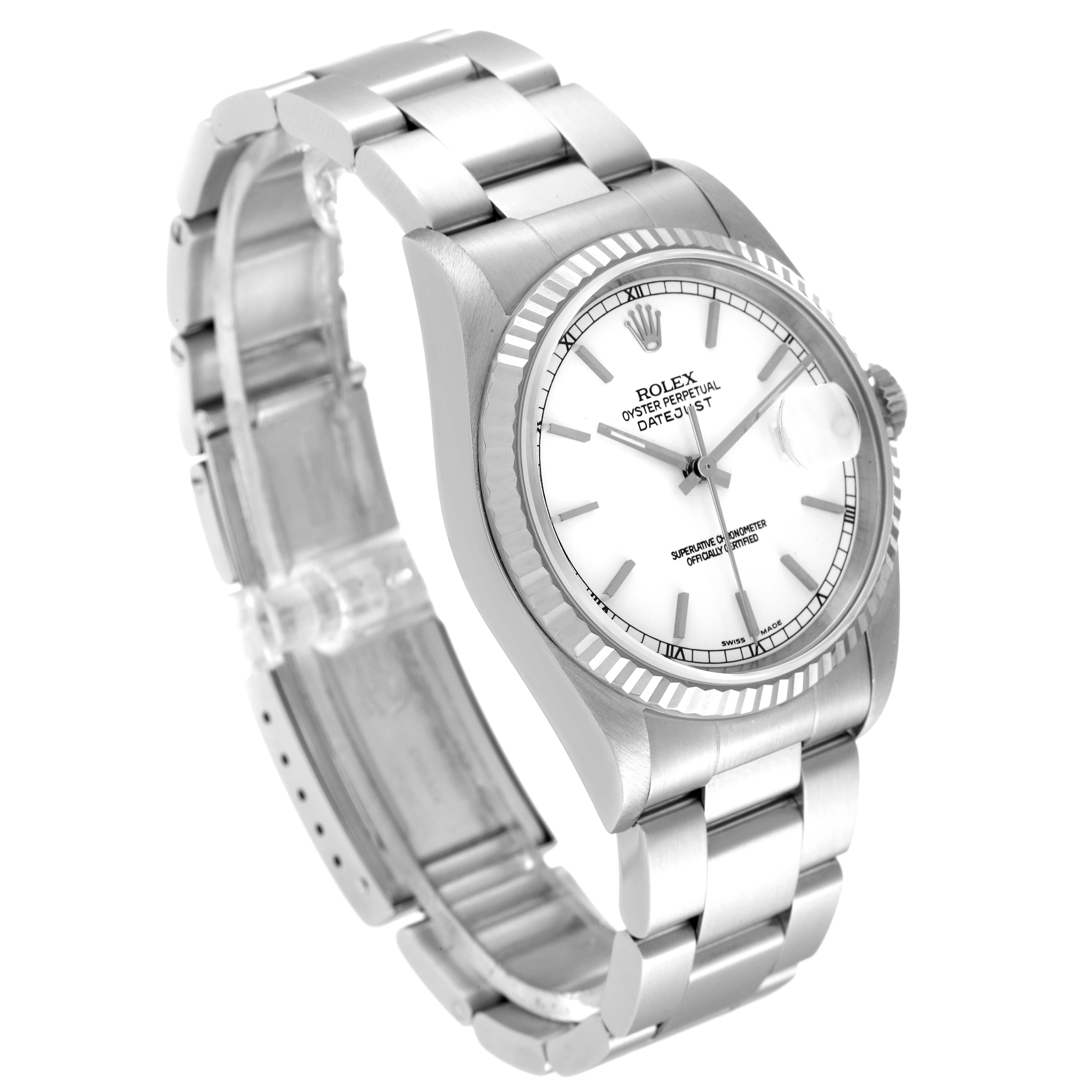 The Rolex Datejust 16234 Men's Stainless Steel White Dial 16234 Men's Stainless Steel White Dial watch is shown at a slight angle, displaying its face, bezel, and bracelet.