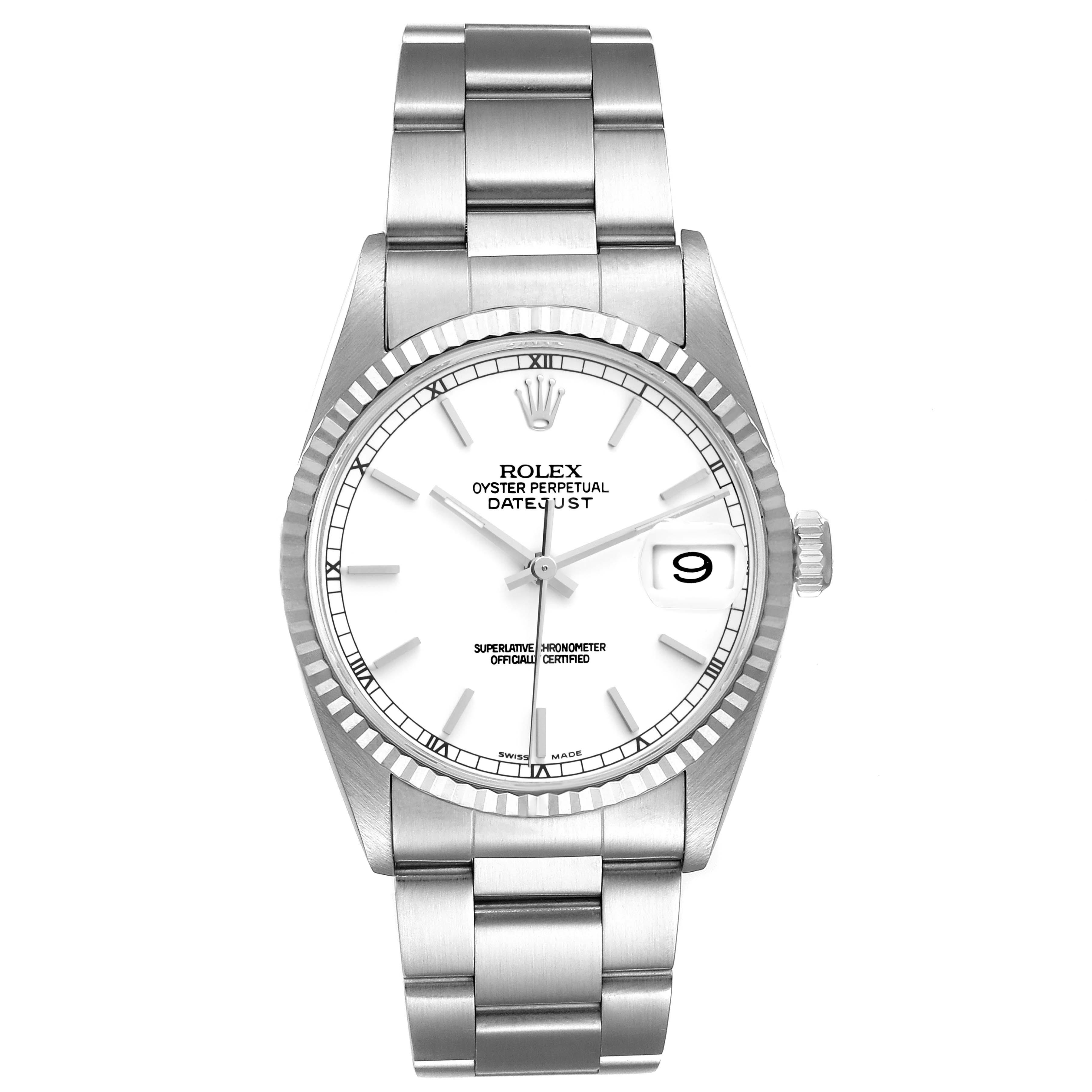 The image shows a front view of a Rolex Datejust 16234 Men's Stainless Steel White Dial 16234 Men's Stainless Steel White Dial watch, displaying the dial, bracelet, and date window.