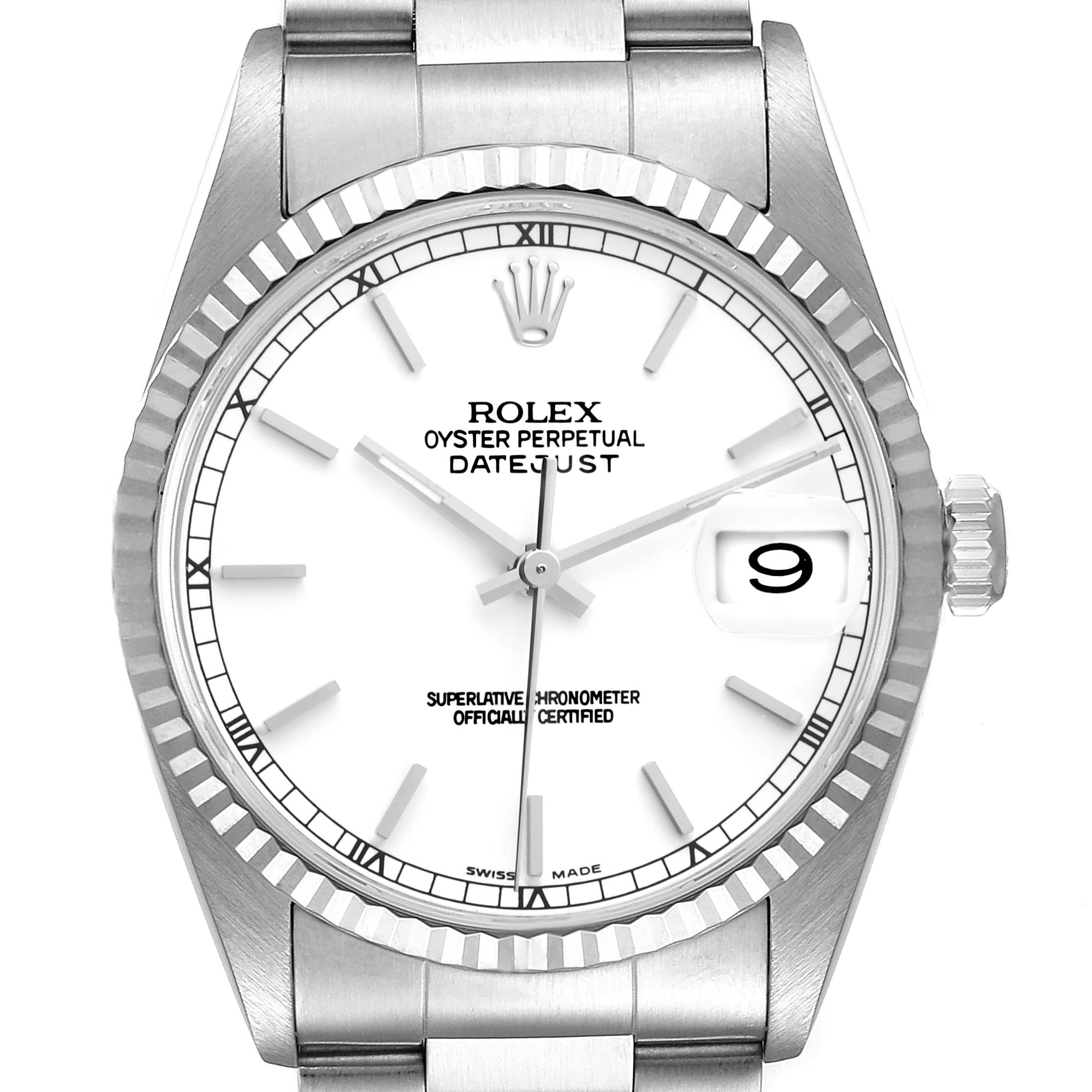 This image shows a frontal view of the Rolex Datejust 16234 Men's Stainless Steel White Dial 16234 Men's Stainless Steel White Dial watch, including the dial, bezel, and part of the bracelet.