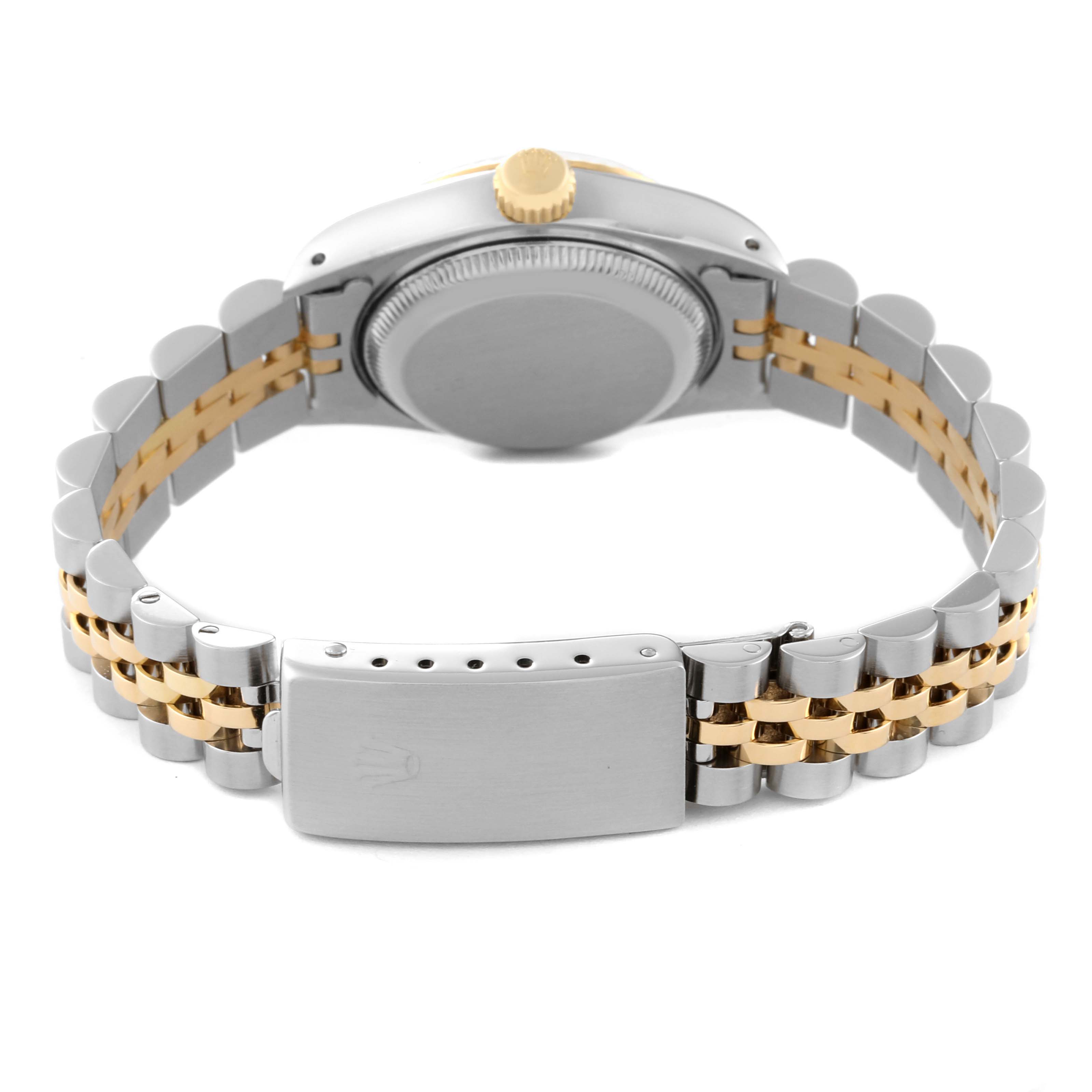 The image shows the back view of a Rolex Datejust 69173 Women's Steel and Gold (two tone) White Dial 69173 Women's Steel and Gold (two tone) White Dial watch, highlighting its clasp, band, and case back.