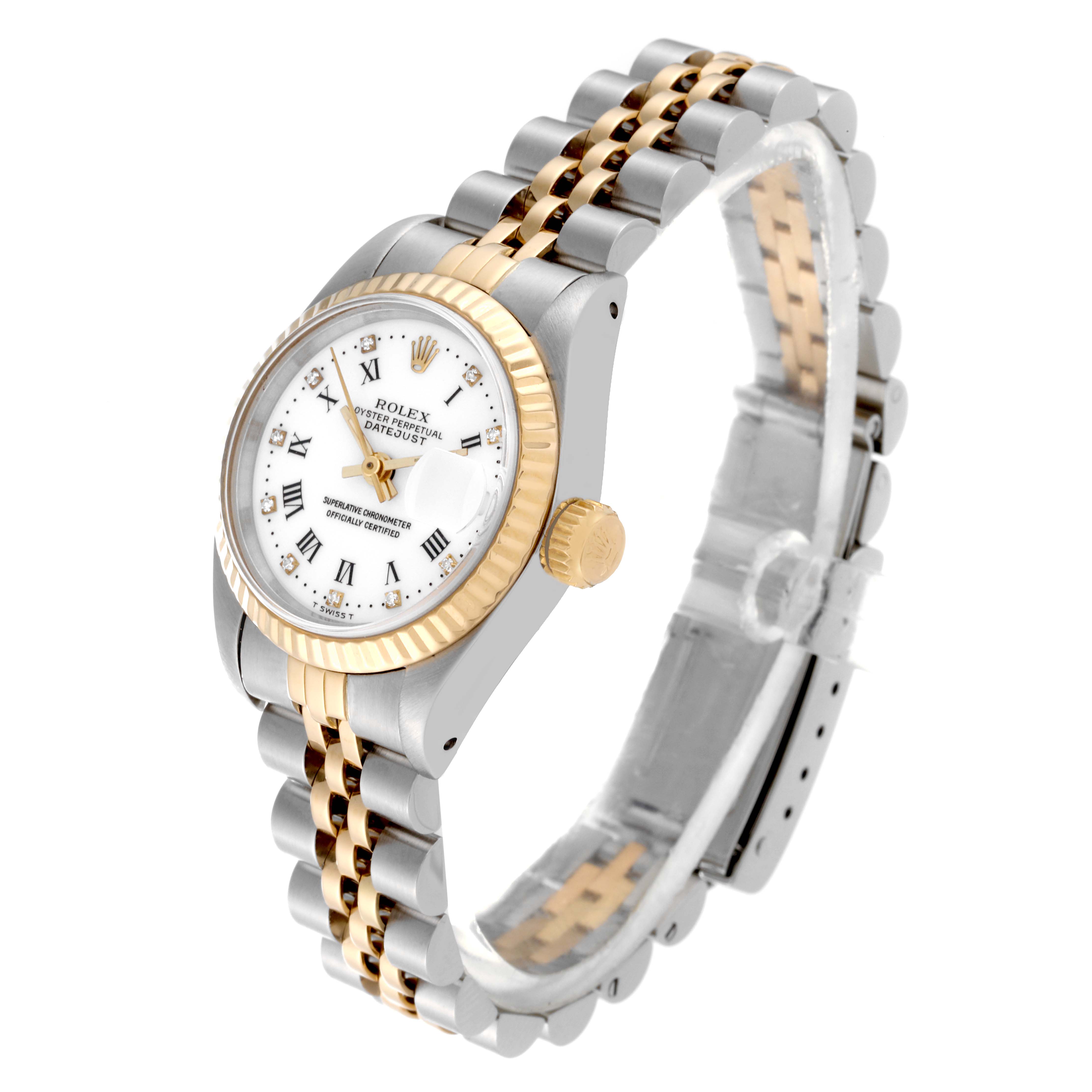 The image shows a side and partial front view of a Rolex Datejust 69173 Women's Steel and Gold (two tone) White Dial 69173 Women's Steel and Gold (two tone) White Dial watch, highlighting its gold and silver two-tone bracelet and bezel.