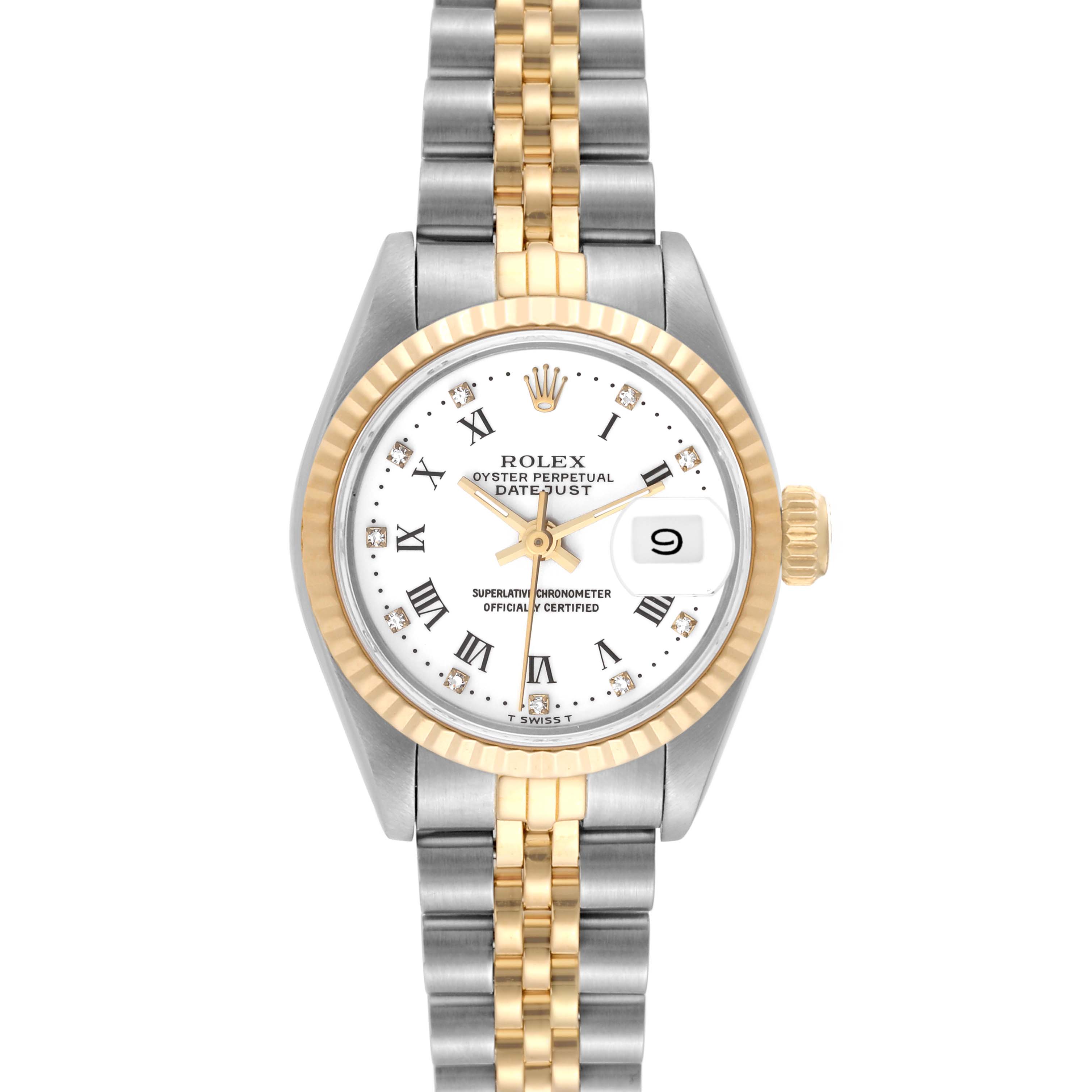 This image shows a Rolex Datejust 69173 Women's Steel and Gold (two tone) White Dial 69173 Women's Steel and Gold (two tone) White Dial watch from a front angle, highlighting the dial, bezel, and bracelet.