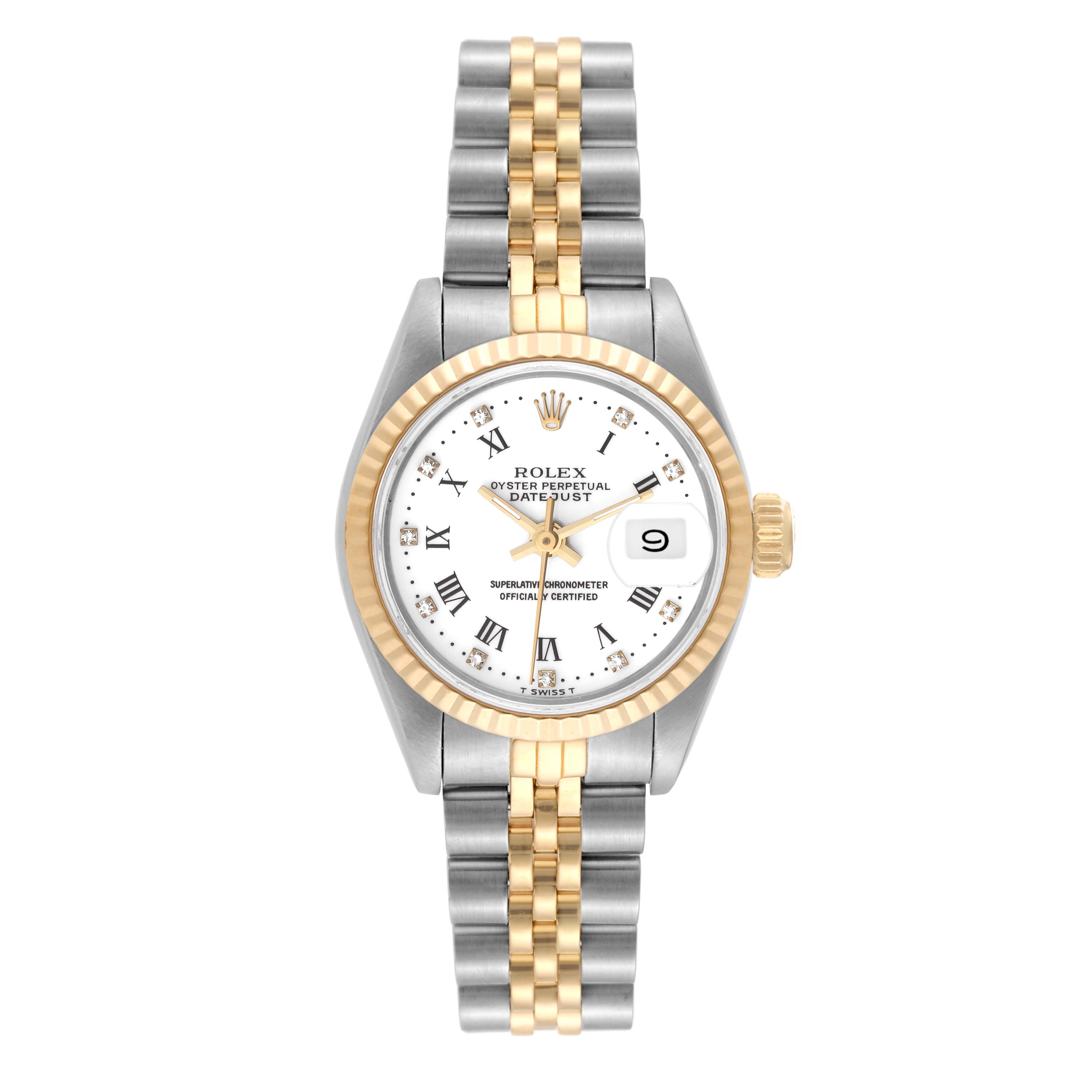The image shows a front view of a Rolex Datejust 69173 Women's Steel and Gold (two tone) White Dial 69173 Women's Steel and Gold (two tone) White Dial watch, featuring a two-tone Jubilee bracelet and a white dial with Roman numerals.