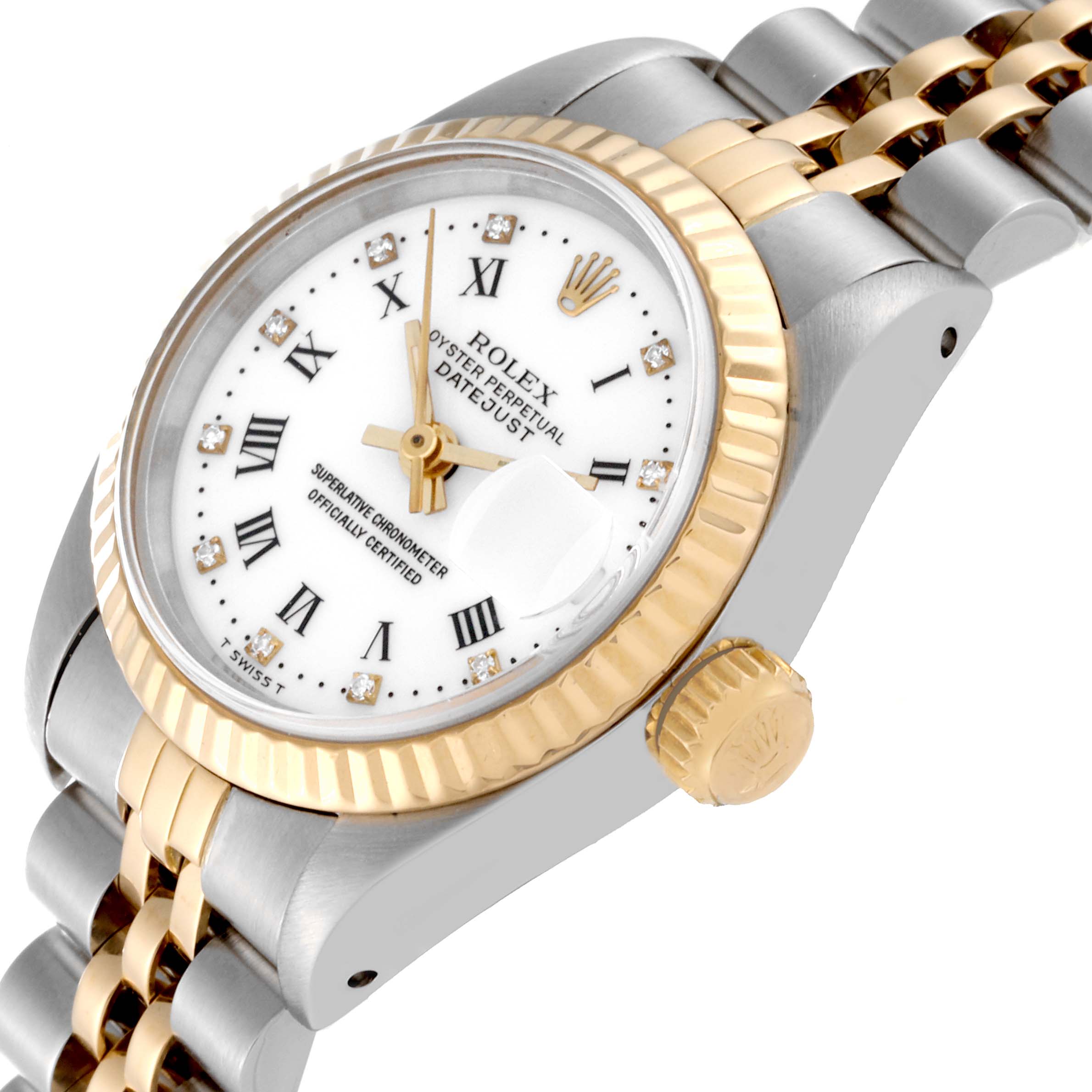 This Rolex Datejust 69173 Women's Steel and Gold (two tone) White Dial 69173 Women's Steel and Gold (two tone) White Dial watch is shown at an angle highlighting the bezel, crown, and part of the bracelet.