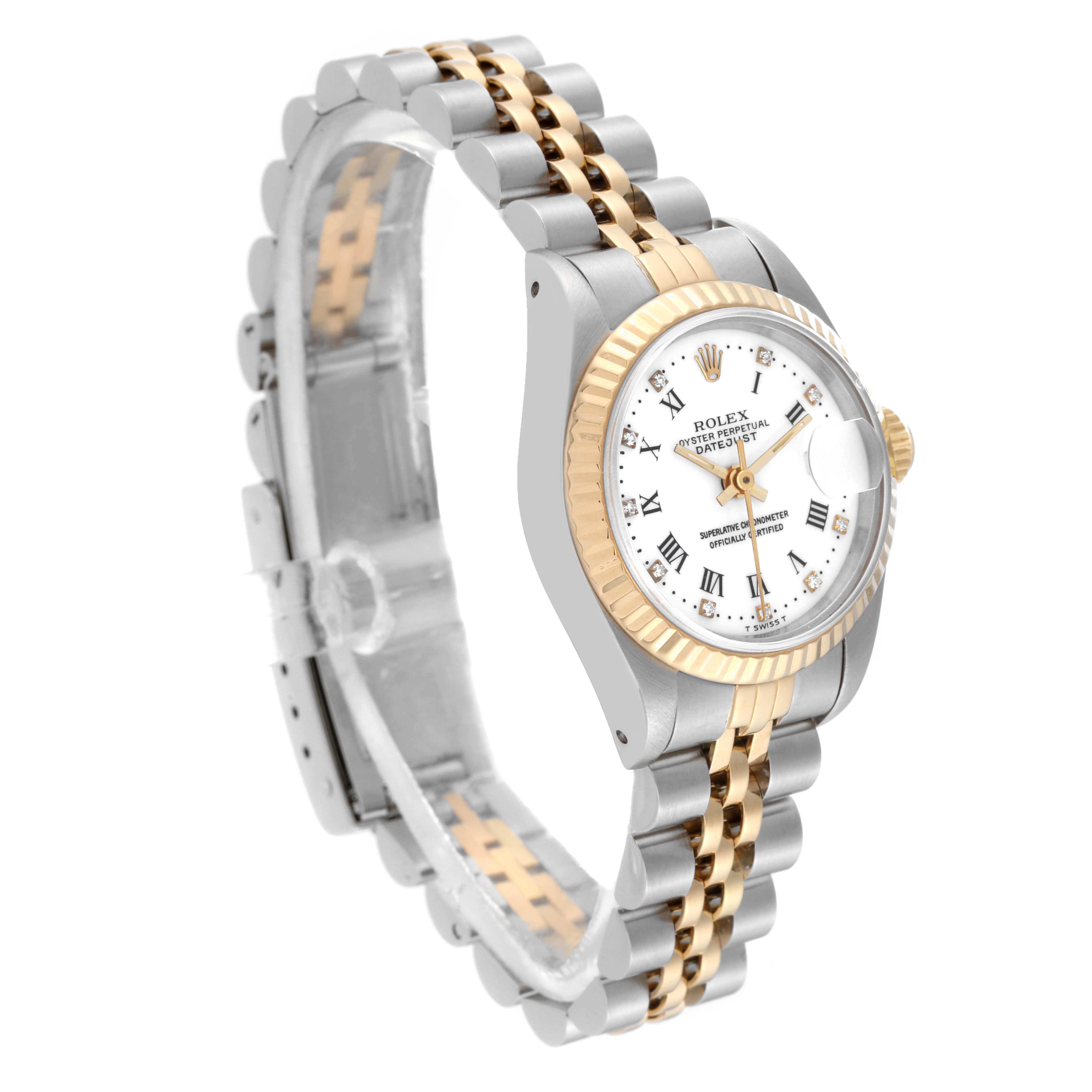 The image shows a Rolex Datejust 69173 Women's Steel and Gold (two tone) White Dial 69173 Women's Steel and Gold (two tone) White Dial model watch at a three-quarter angle, highlighting the bracelet, bezel, and dial.
