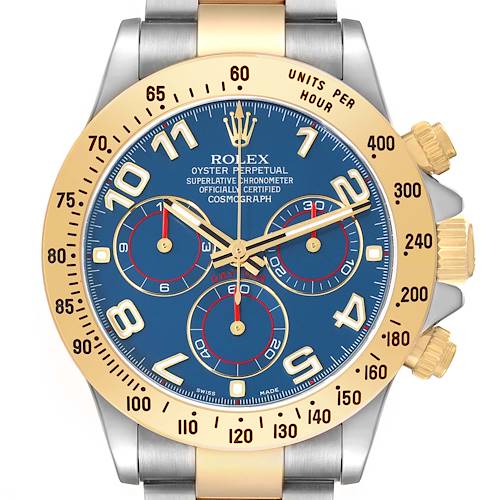 The Rolex Daytona 116523 Men's Steel and Gold (two tone) Blue Dial model is shown from the front, highlighting its blue dial, gold bezel, and subdials.