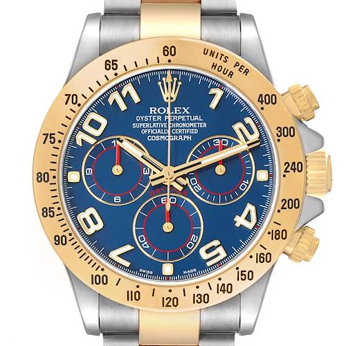The Rolex Daytona 116523 Men's Steel and Gold (two tone) Blue Dial watch is shown from the front, featuring a blue dial, gold bezel, pushers, and crown.
