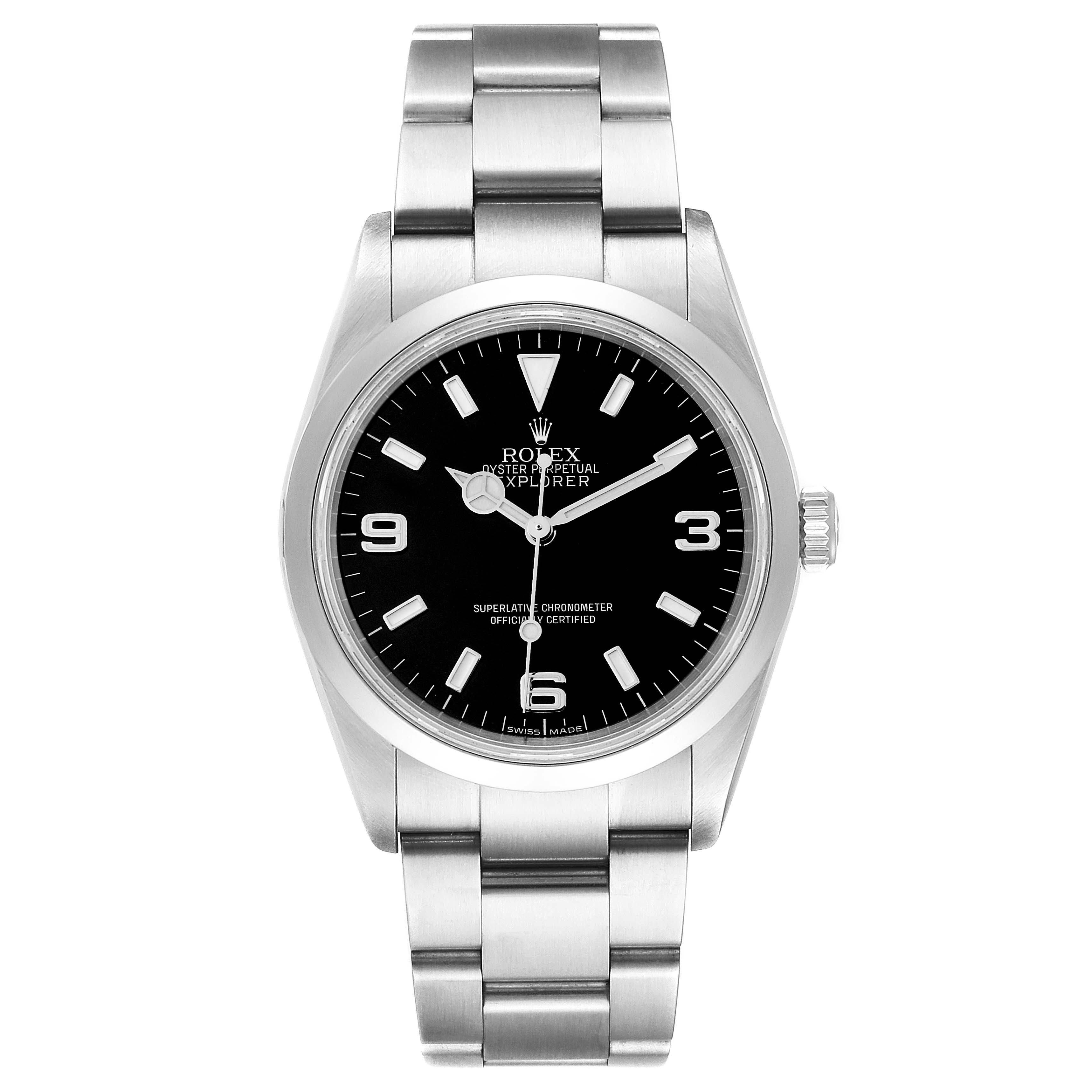 The Rolex Explorer 114270 Men
s Stainless Steel Black Dial 114270 Men
s Stainless Steel Black Dial watch is shown from the front, displaying its face, bezel, case, and bracelet.