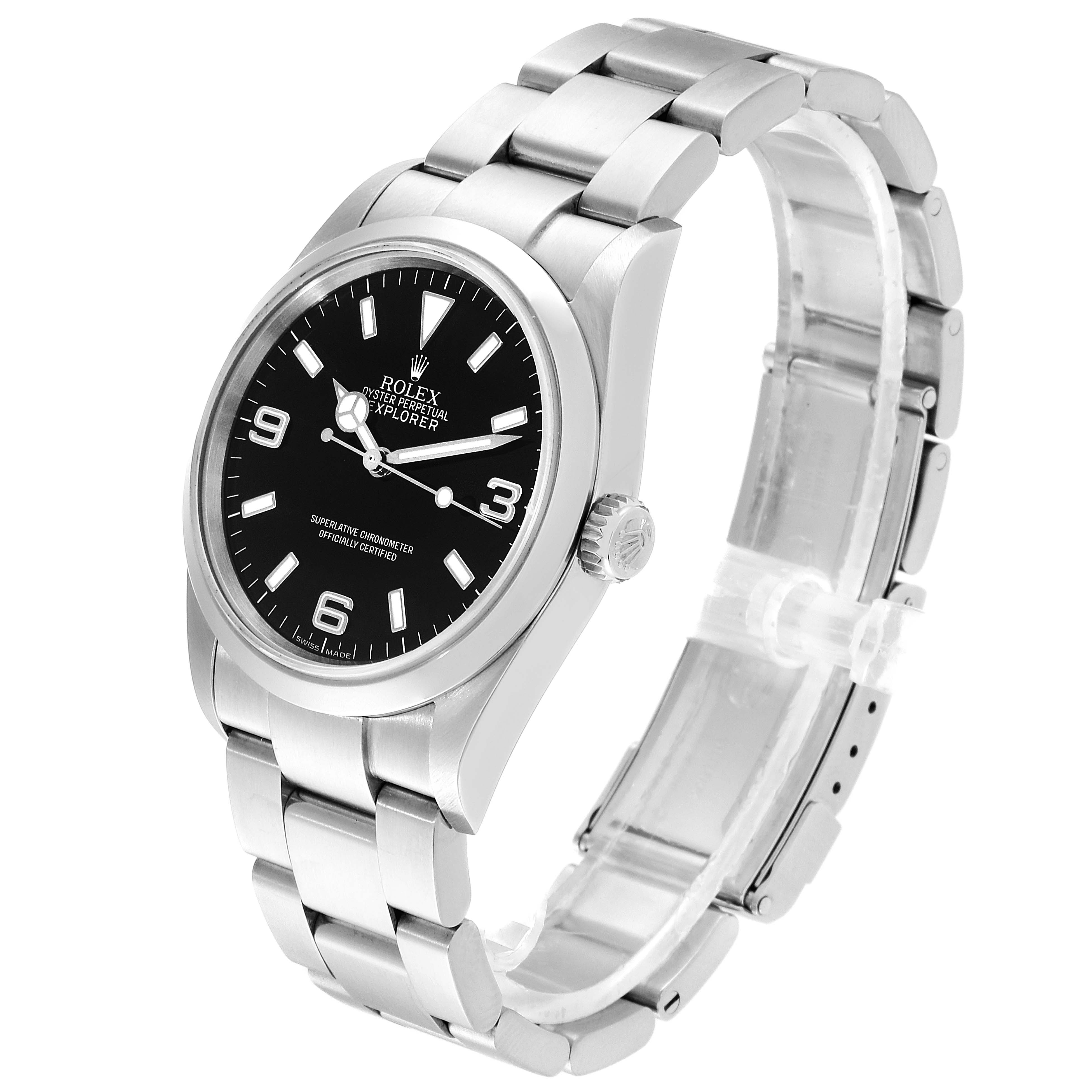 The Rolex Explorer 114270 Men
s Stainless Steel Black Dial 114270 Men
s Stainless Steel Black Dial watch is shown at a slight angle, highlighting the face, bezel, crown, band, and clasp.