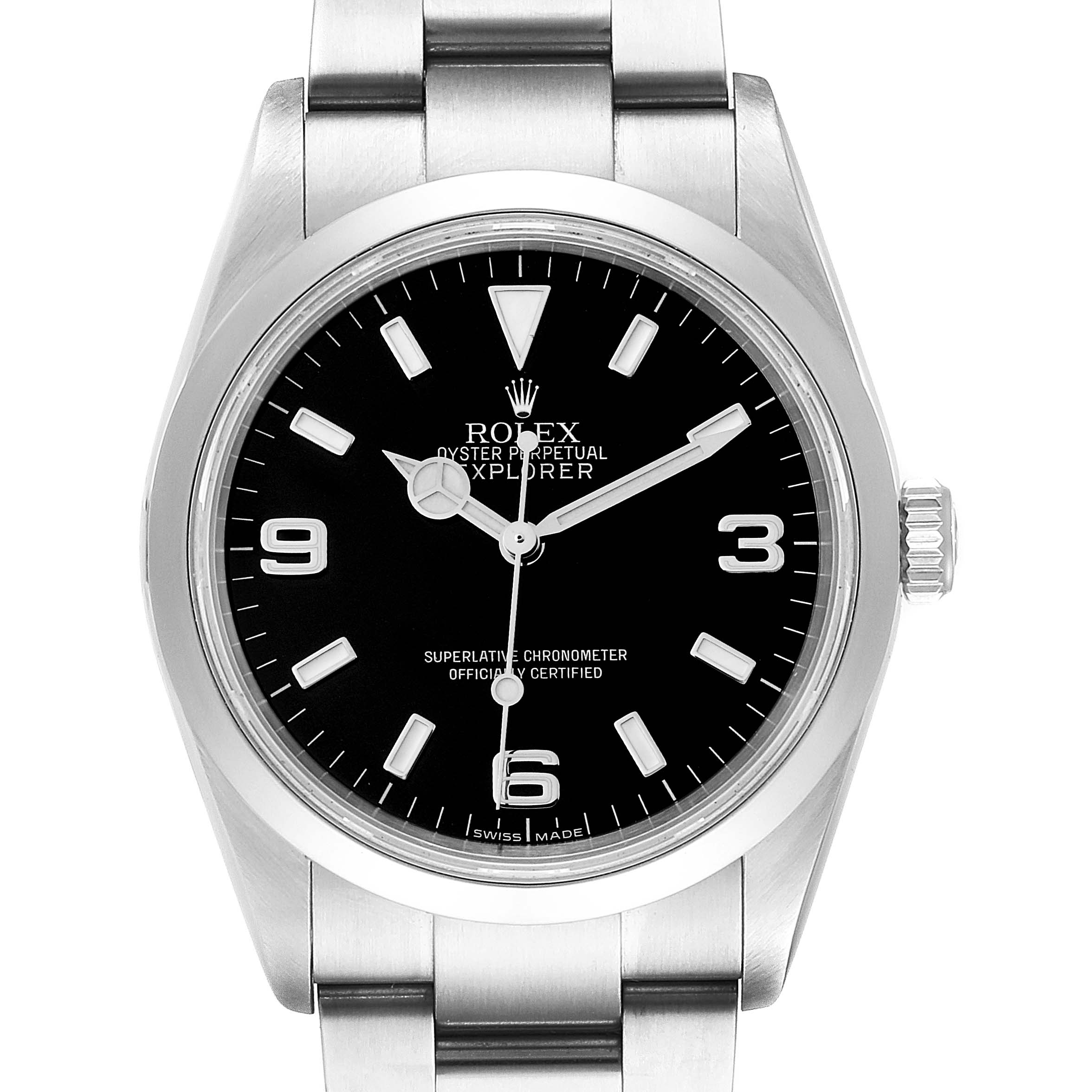 This image shows a front view of the Rolex Explorer 114270 Men
s Stainless Steel Black Dial 114270 Men
s Stainless Steel Black Dial watch, featuring its black dial, silver hands, and stainless steel bracelet.