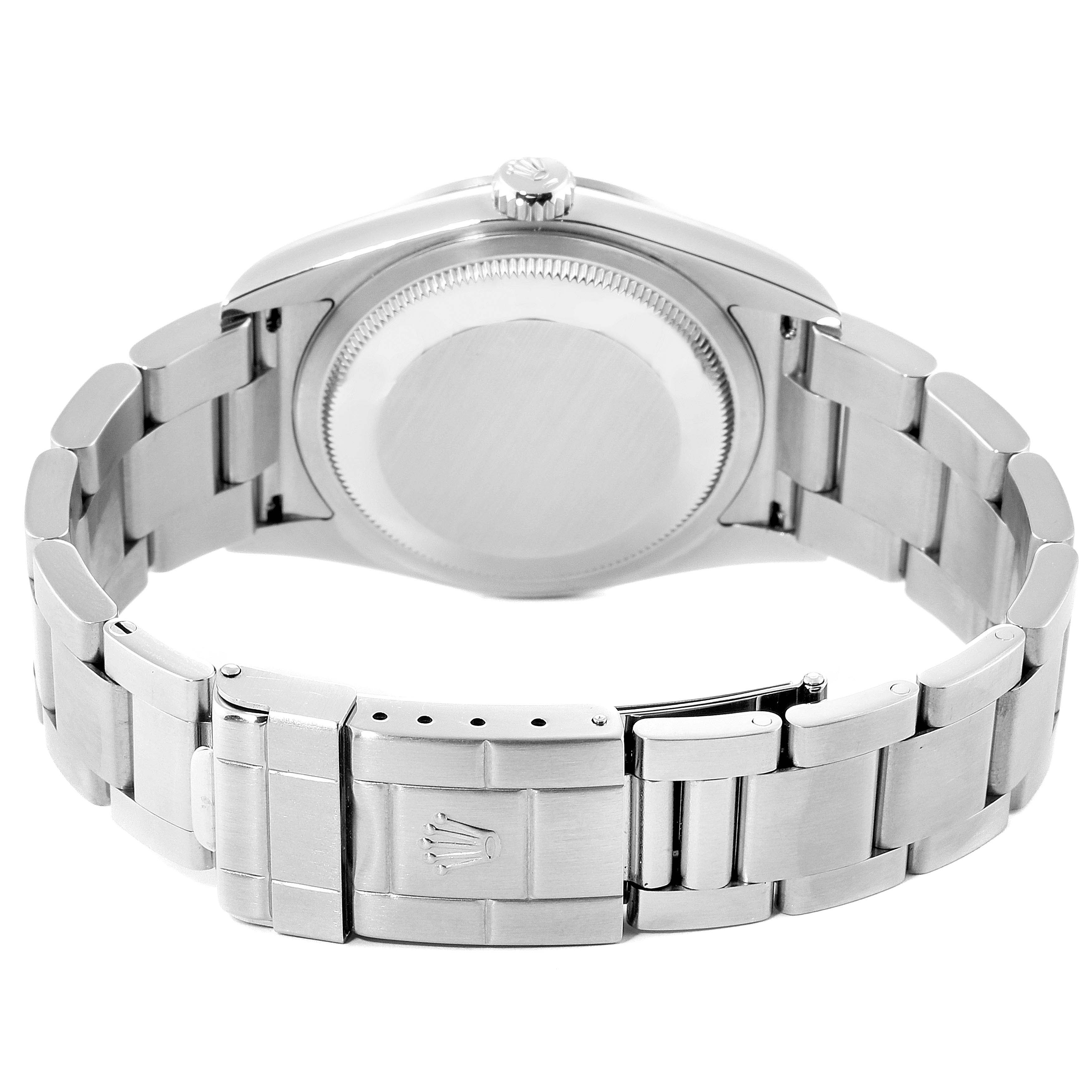 This image shows the back view of the case and bracelet of a Rolex Explorer 114270 Men
s Stainless Steel Black Dial 114270 Men
s Stainless Steel Black Dial watch.