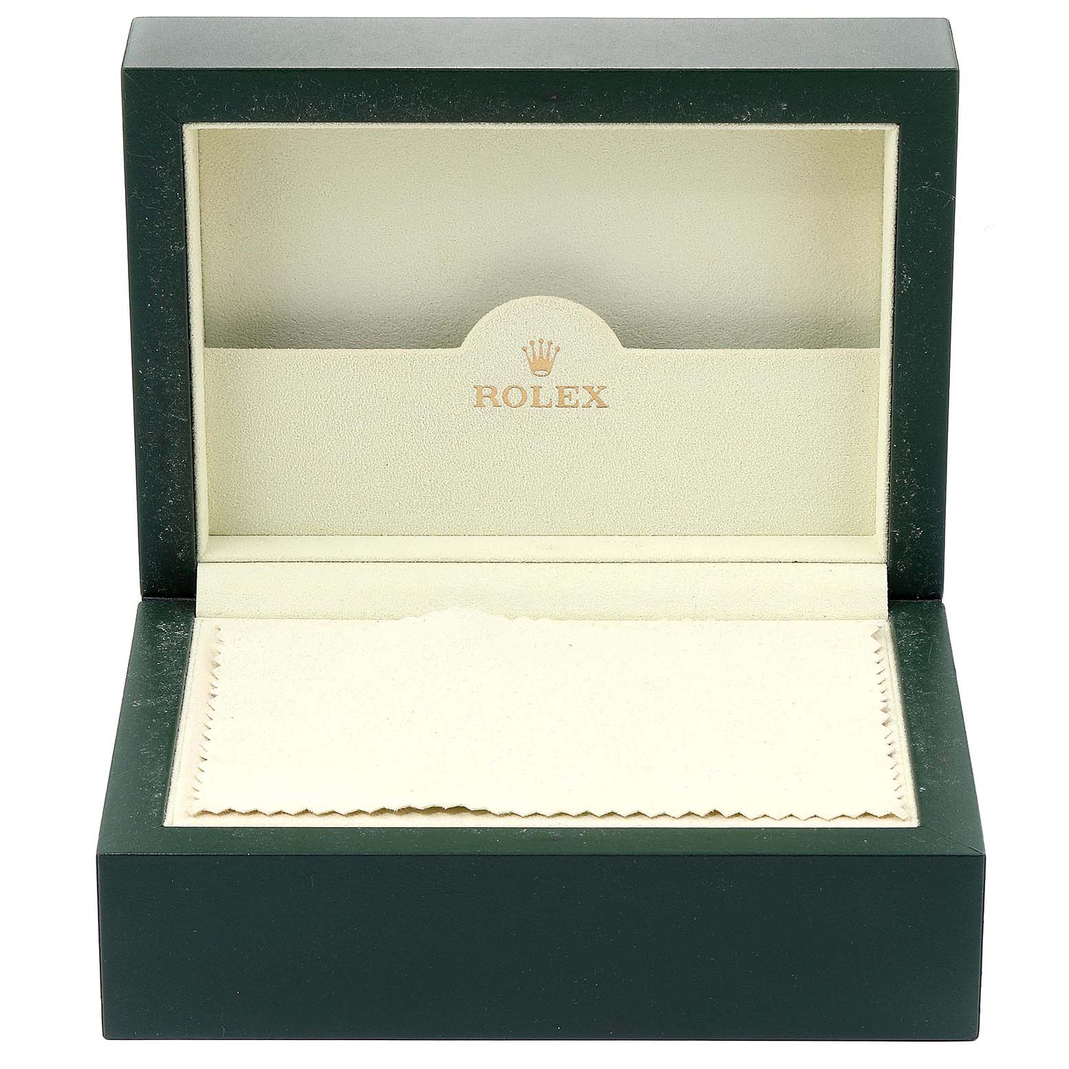 The image shows an open green Rolex watch box for the Explorer model, revealing the inner lining and a cloth.