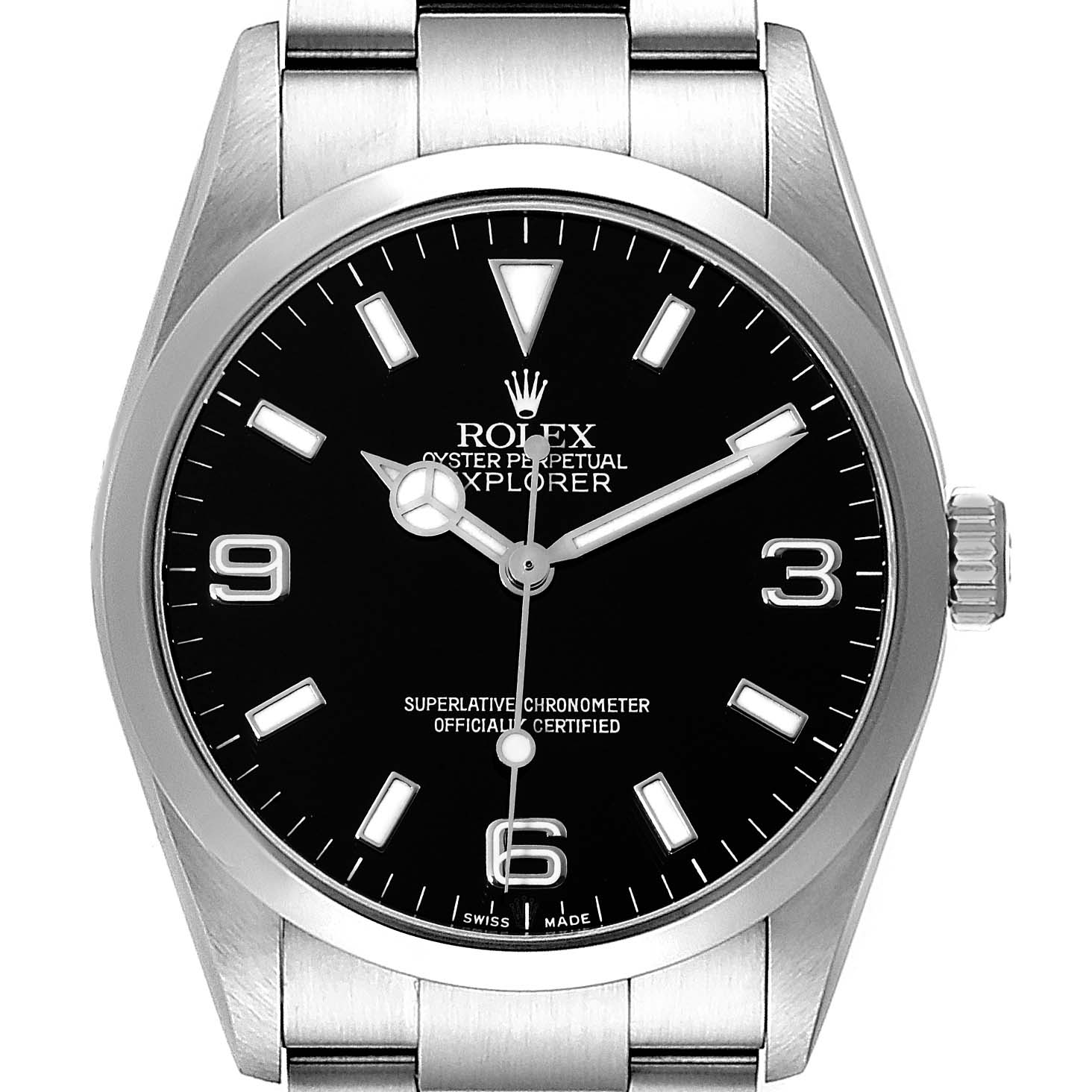 This image shows a front view of a Rolex Explorer 114270 Men's Stainless Steel Black Dial 114270 Men's Stainless Steel Black Dial model watch, displaying the face, hands, and part of the metal bracelet.
