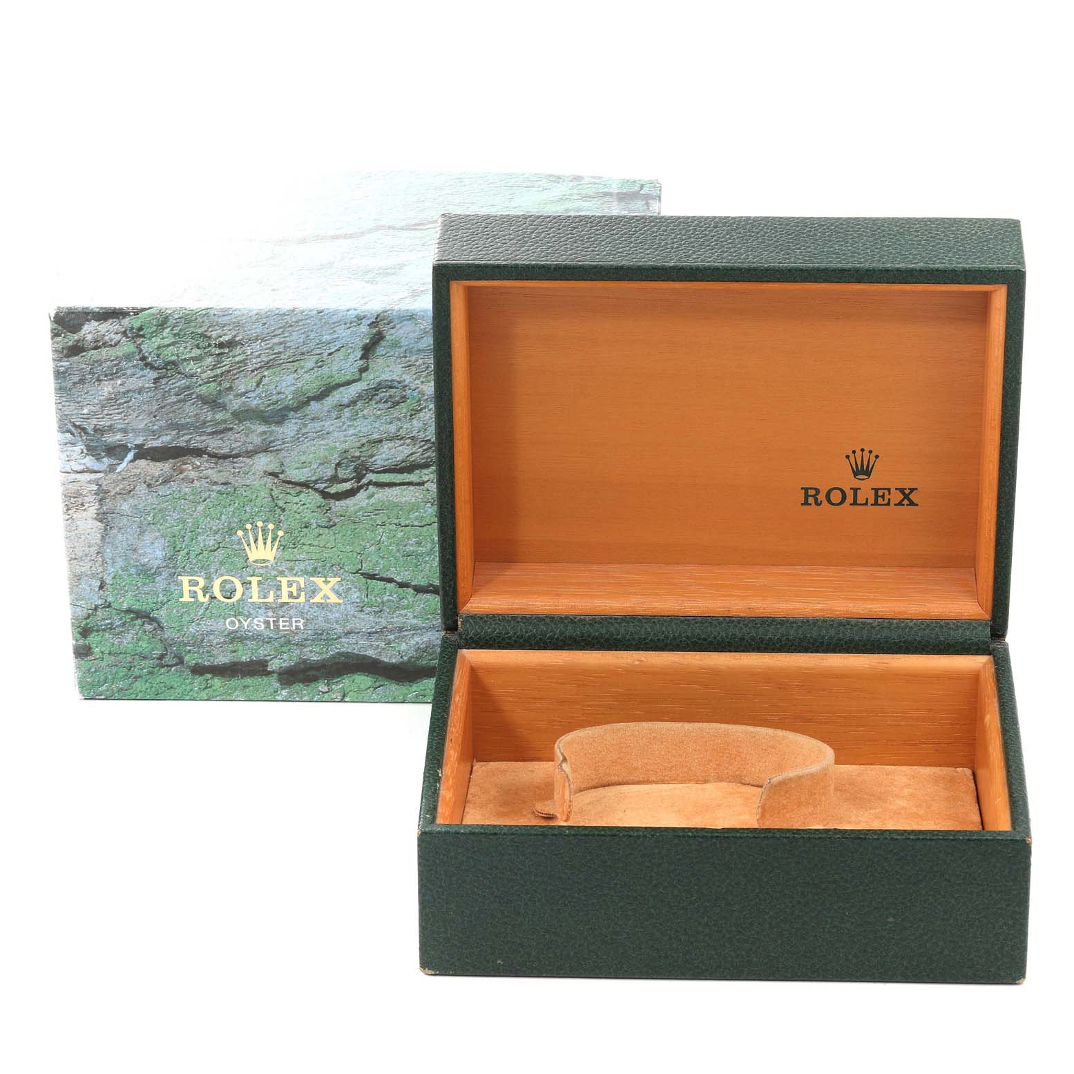 The image shows an open Rolex Explorer 114270 Men's Stainless Steel Black Dial 114270 Men's Stainless Steel Black Dial watch box with an outer green carton and the Rolex logo inside the lid.
