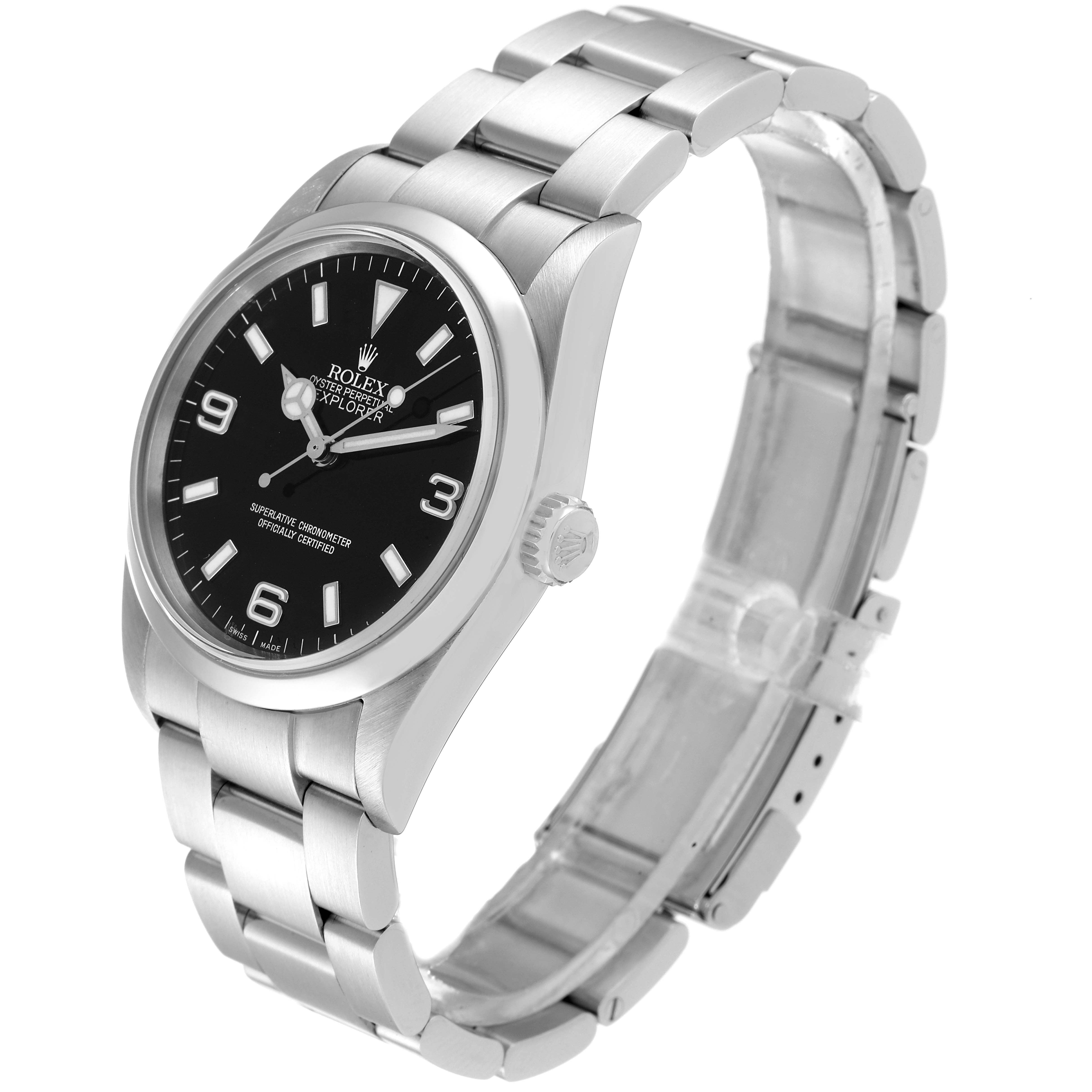 The Rolex Explorer 114270 Men's Stainless Steel Black Dial 114270 Men's Stainless Steel Black Dial watch is shown from a side angle, displaying the face, crown, and metal bracelet.