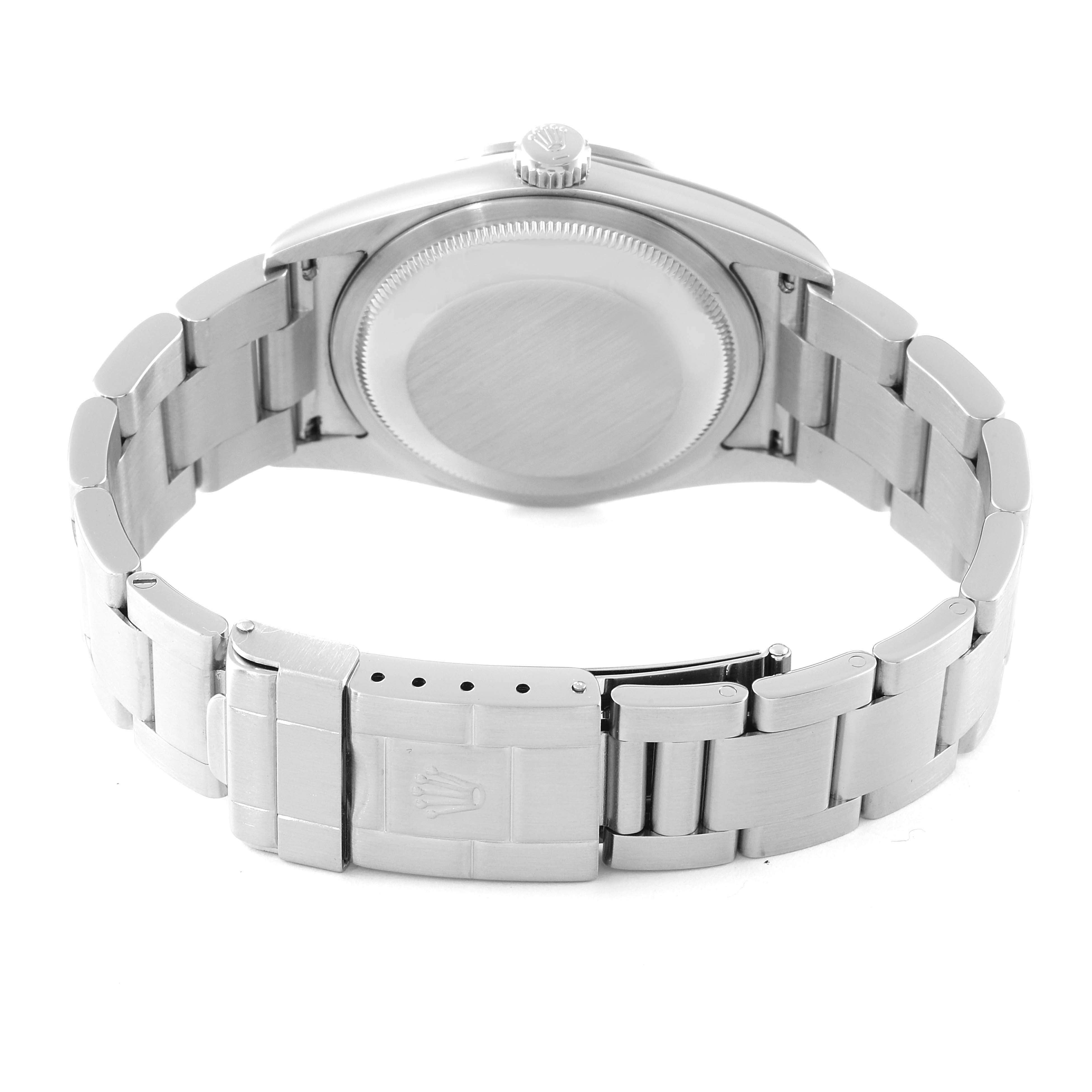 This image shows the back and bracelet of a Rolex Explorer 114270 Men's Stainless Steel Black Dial 114270 Men's Stainless Steel Black Dial watch, focusing on the clasp and caseback.