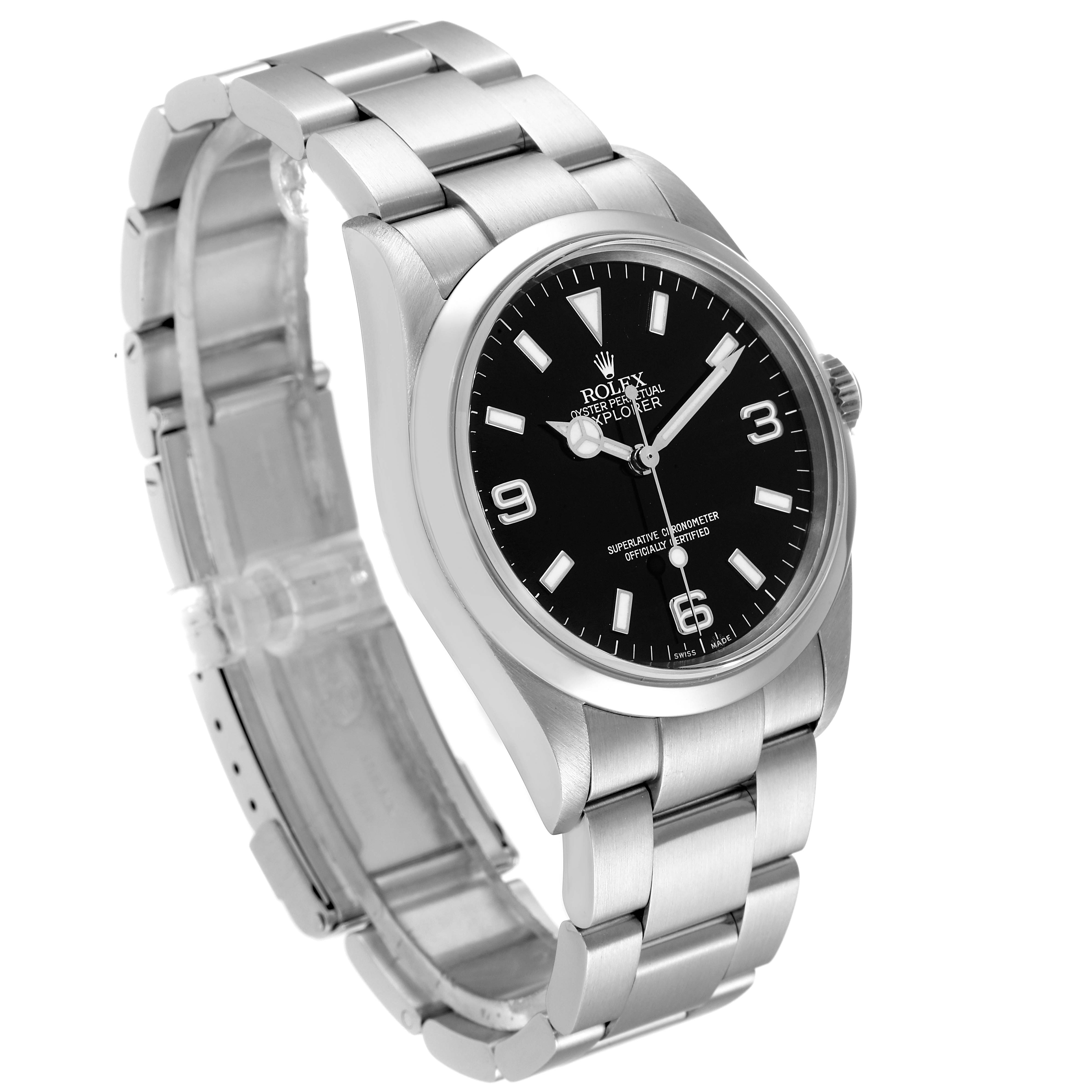 The image shows a side angle of a Rolex Explorer 114270 Men's Stainless Steel Black Dial 114270 Men's Stainless Steel Black Dial watch, highlighting its black dial and stainless steel bracelet.